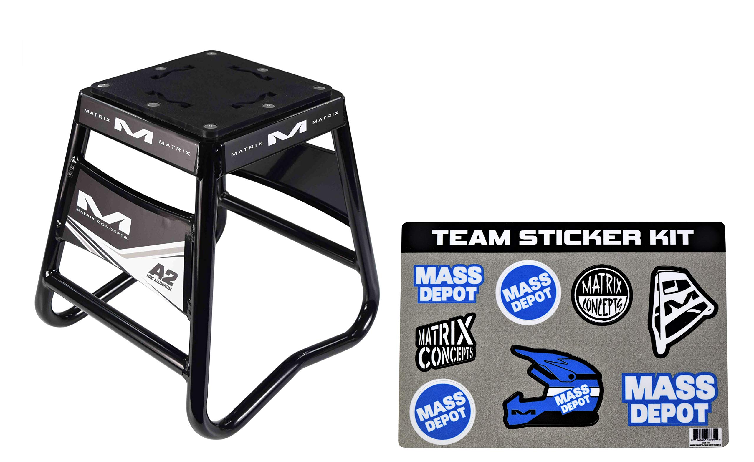 Matrix Concepts A2 Aluminum Stand - High-Quality Aircraft Tubing with Anti-Rock Technology for 50cc, 65cc & 85cc Dirt Bikes - Includes Sticker Pack (Black) - Ideal for Motocross, Pit Bike Maintenance & Garage Storage