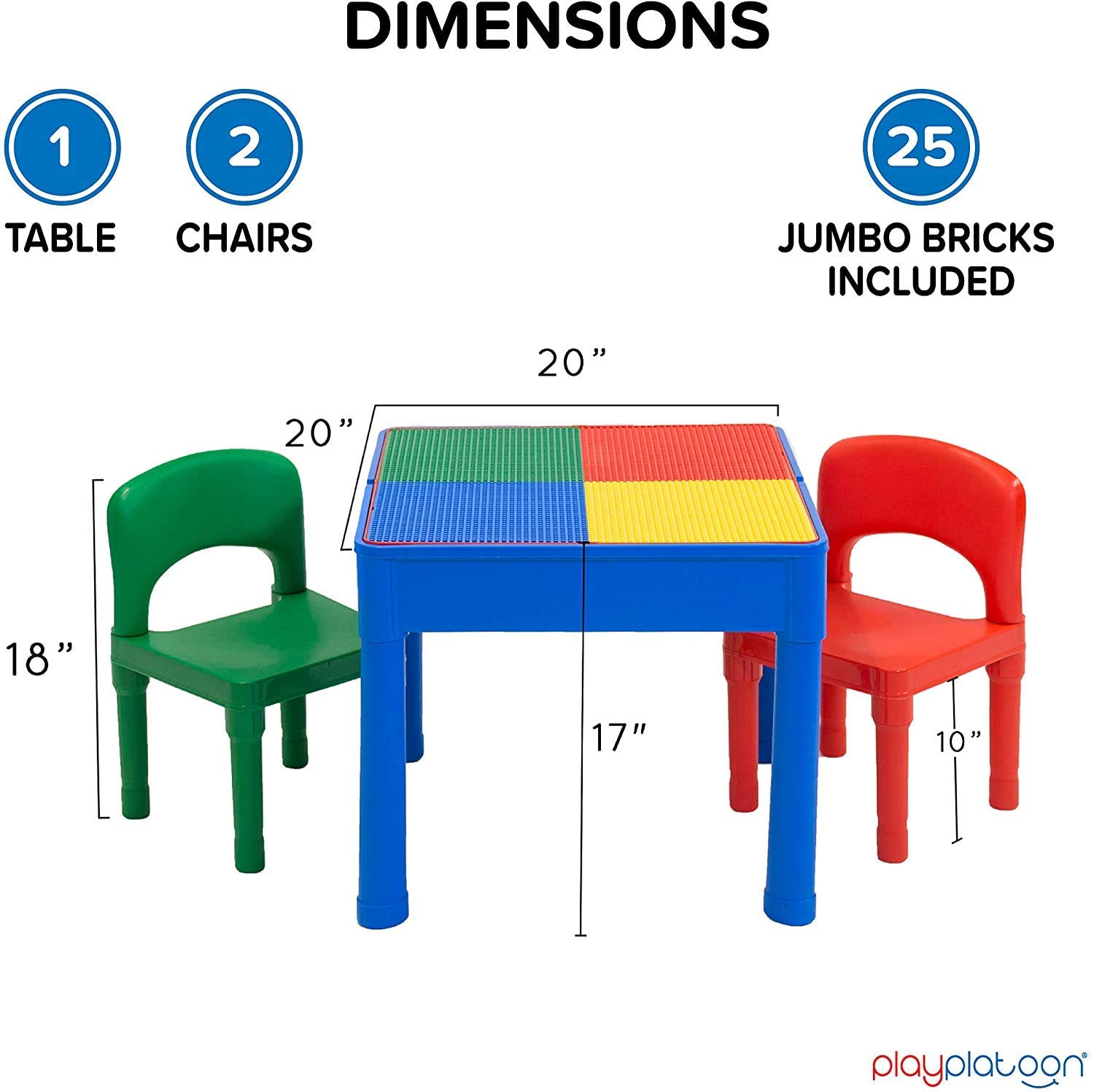 Play Platoon 5-in-1 Kids Activity Table & Chair Set with Building Blocks - Toddler Craft, Sensory & Learning Table with 2 Chairs & 25 XL Blocks (Yellow, Red, Green) - Perfect for Preschool Playrooms, Daycare Centers & Home Learning Activities