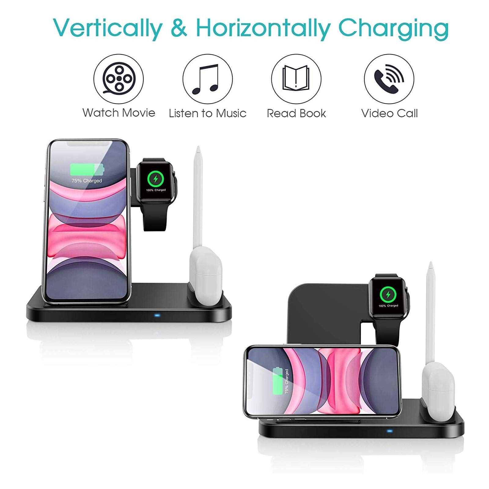 BoxWave 4-in-1 Wireless Charging Stand for iPhone 12 Mini - Qi Certified Multi-Device Desktop Charger with Fast Charging | Perfect for Home, Office, and Travel Use