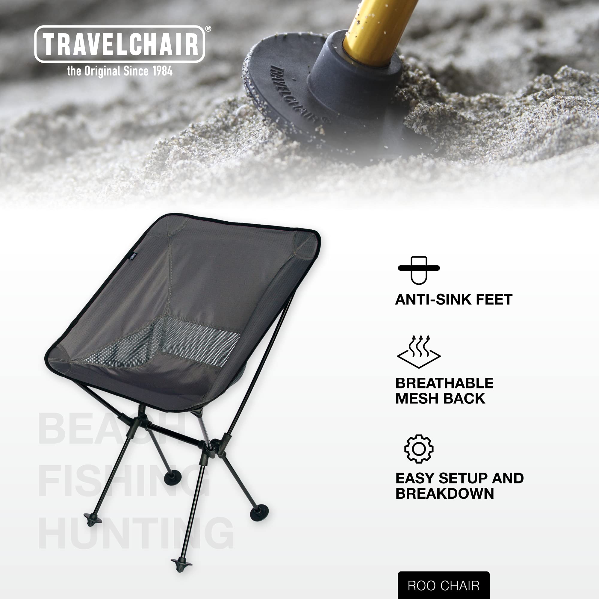 TravelChair Roo Wide & High Back Camping Chair - Heavy Duty Portable Folding Outdoor Chair for Camping, Beach, Picnics, Backpacking & Tailgating - Comfortable Black Camp Chair with Cup Holder