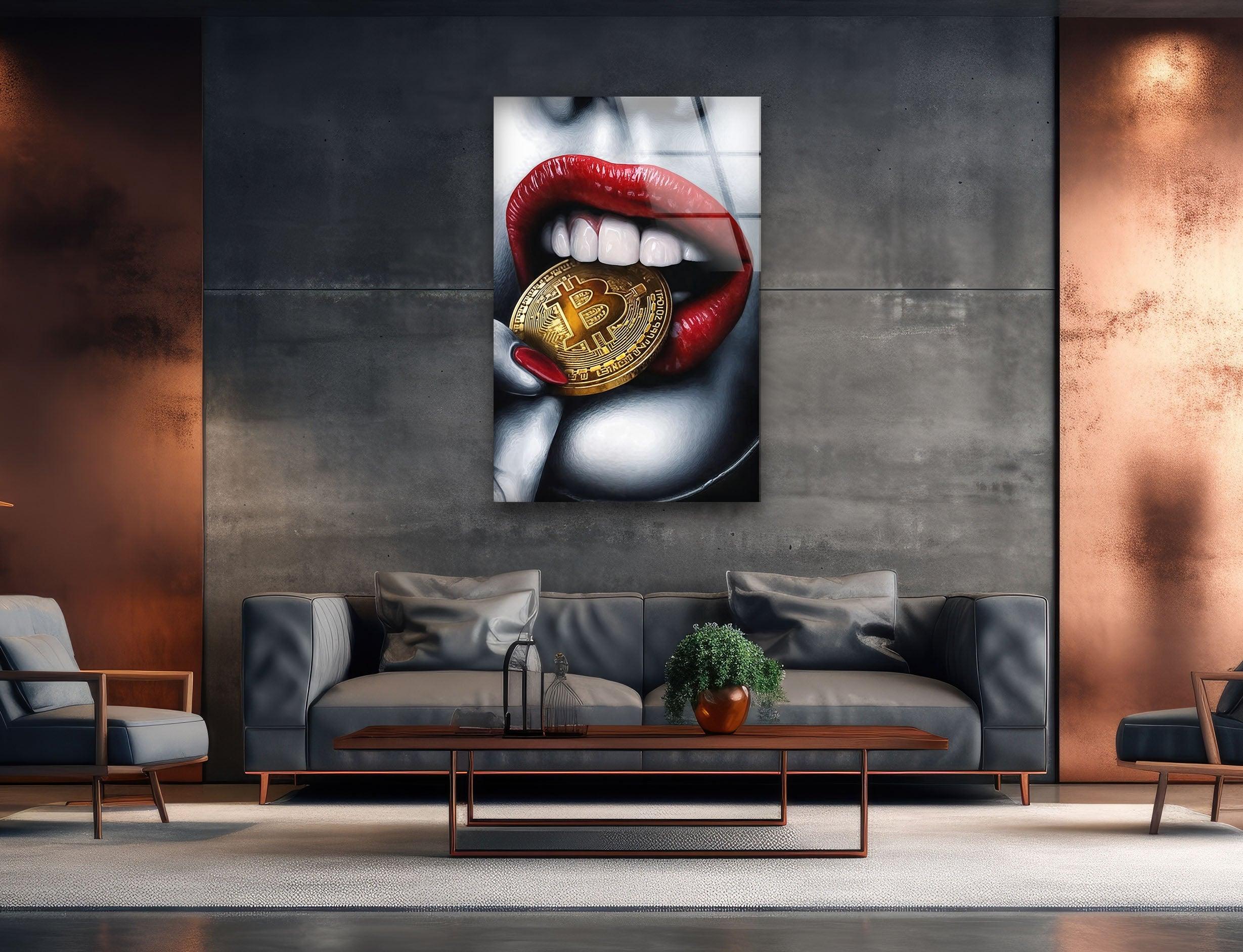 Bitcoin & Red Lips Glass Wall Art - Modern Crypto Themed Home Decor for Living Room, Bedroom or Office - Unique Gift Idea for Bitcoin Enthusiasts
