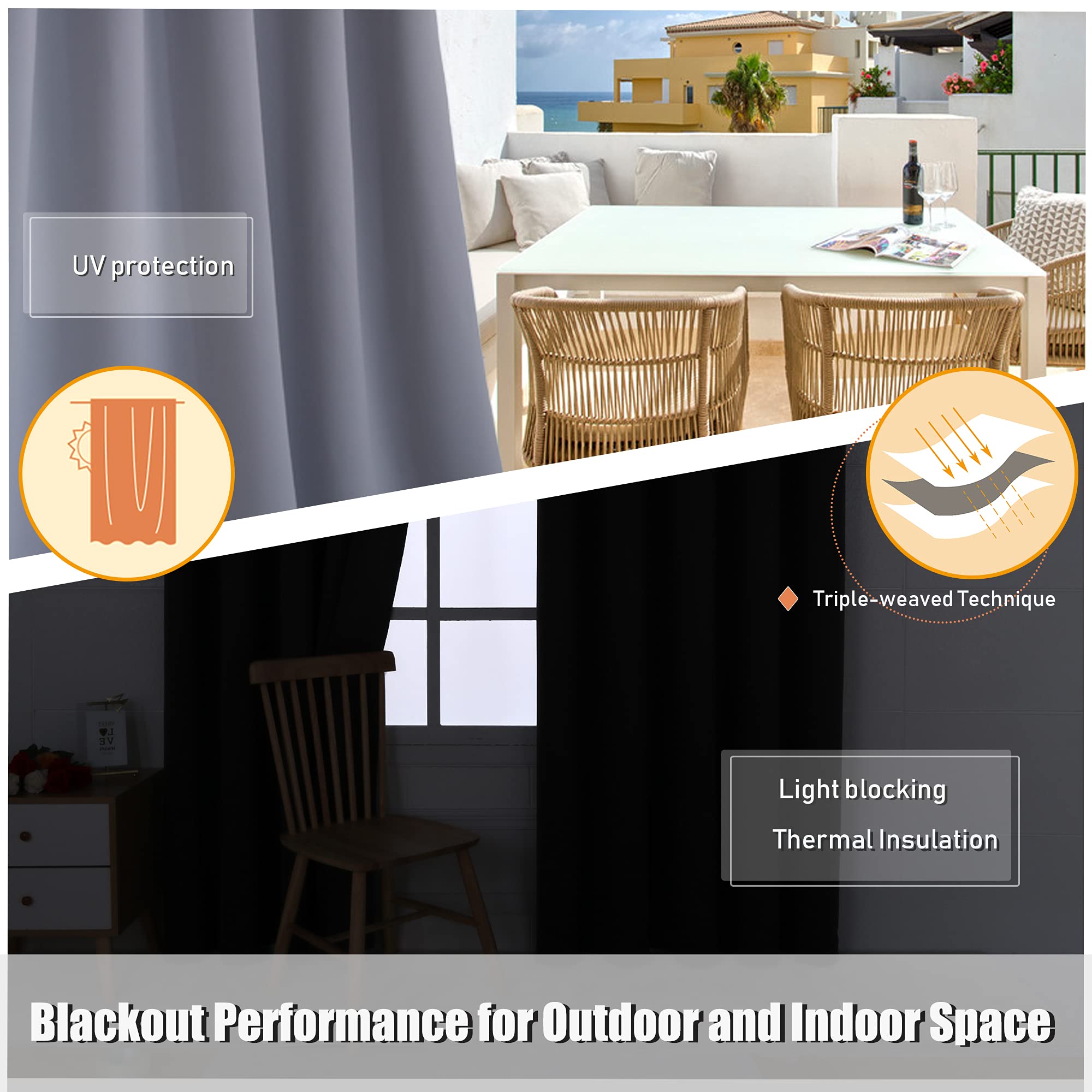BONZER Waterproof Blackout Outdoor Curtains for Patio - Light Blocking Weather Resistant Privacy Grommet Curtains for Gazebo, Porch, Pergola, Cabana, Deck, Sunroom - 1 Panel (120