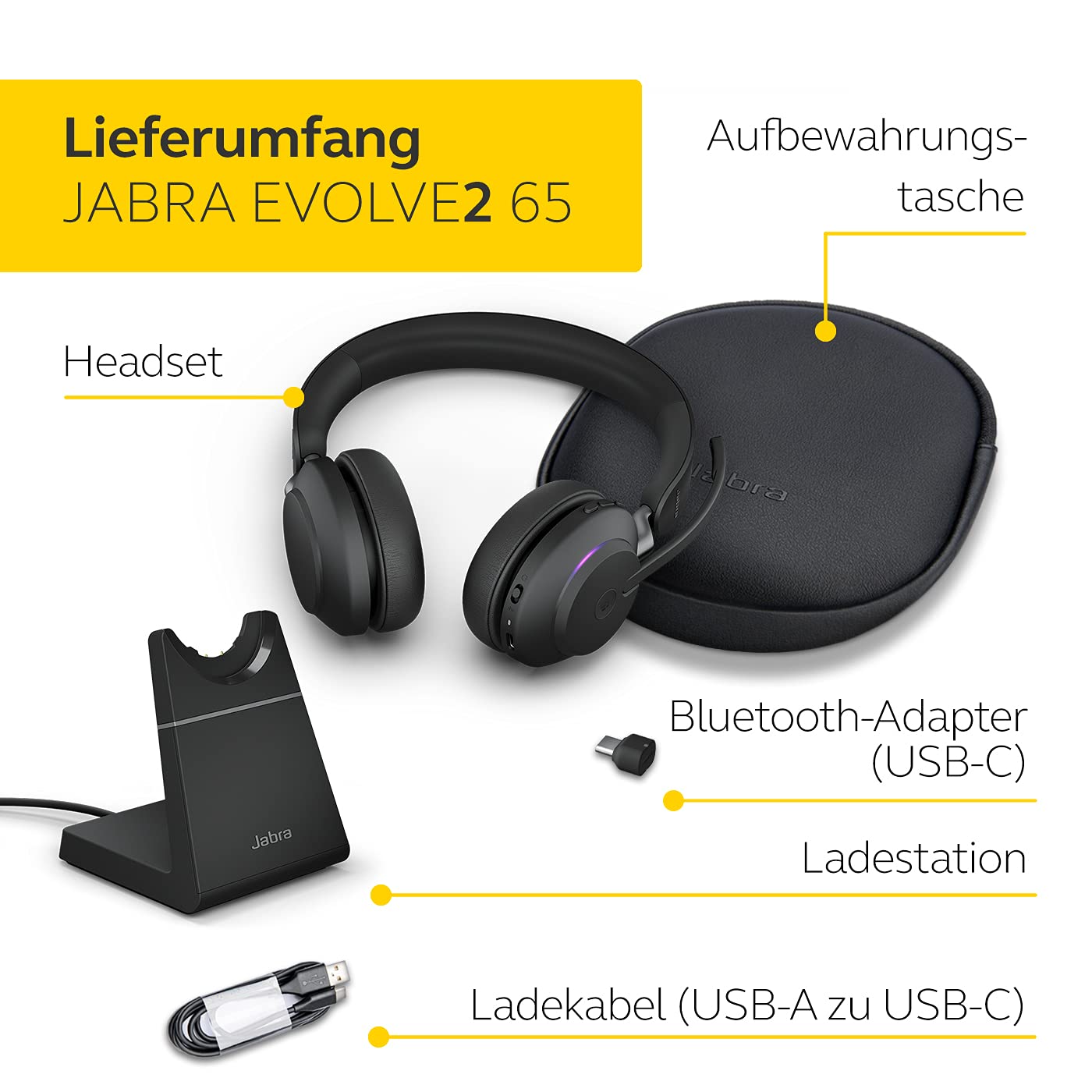 Jabra Evolve2 65 Wireless PC Headset with Noise Cancelling & Microsoft Teams Certified – Bluetooth USB-C Headphones with Charging Stand & Long Battery Life – Black – Perfect for Remote Work, Video Calls & Office Use