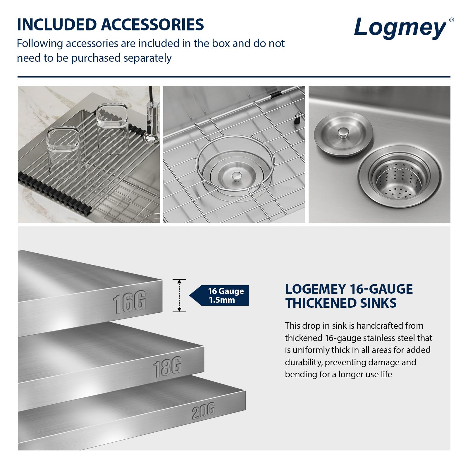 Logmey 32x18 Inch Drop-In Topmount Stainless Steel Kitchen Sink - 16 Gauge Handmade Single Bowl Sink Basin (32x18x9 Inches) for Modern Home Kitchen & Restaurant Use