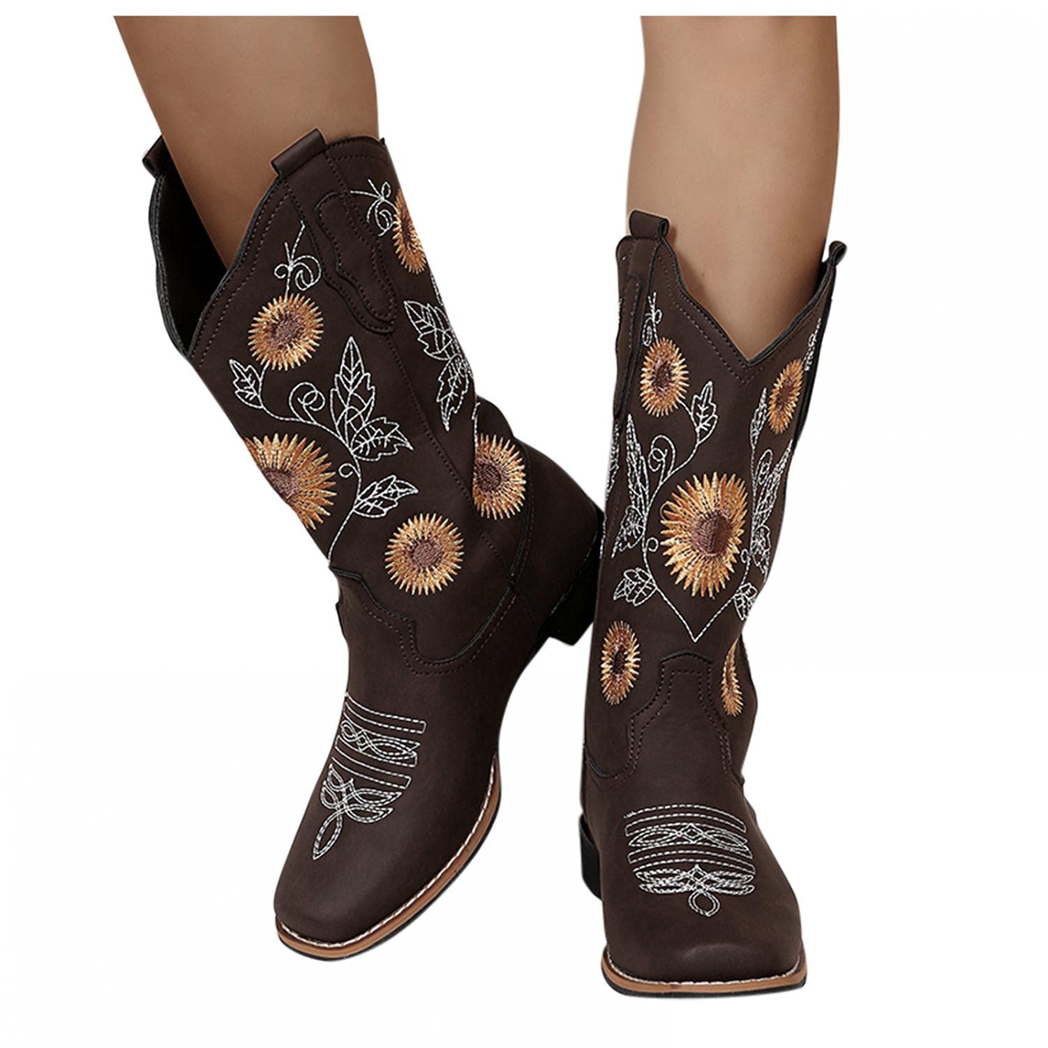 Eduavar Women's Fashion Square Toe Floral Embroidered Leather Ankle Boots - Casual Combat Boots for Everyday Wear, Office & Date Night Outfits