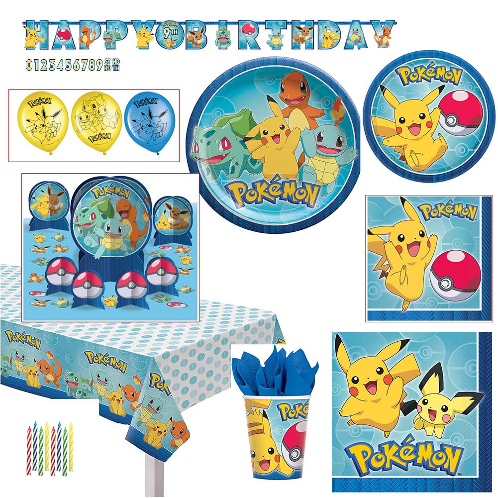 Pokemon Party Supply Bundle for 16 Guests - Plates, Napkins, Cups, Tablecloth, Candles, Balloons & Banner - Perfect for Birthday Parties, Baby Showers & Themed Events