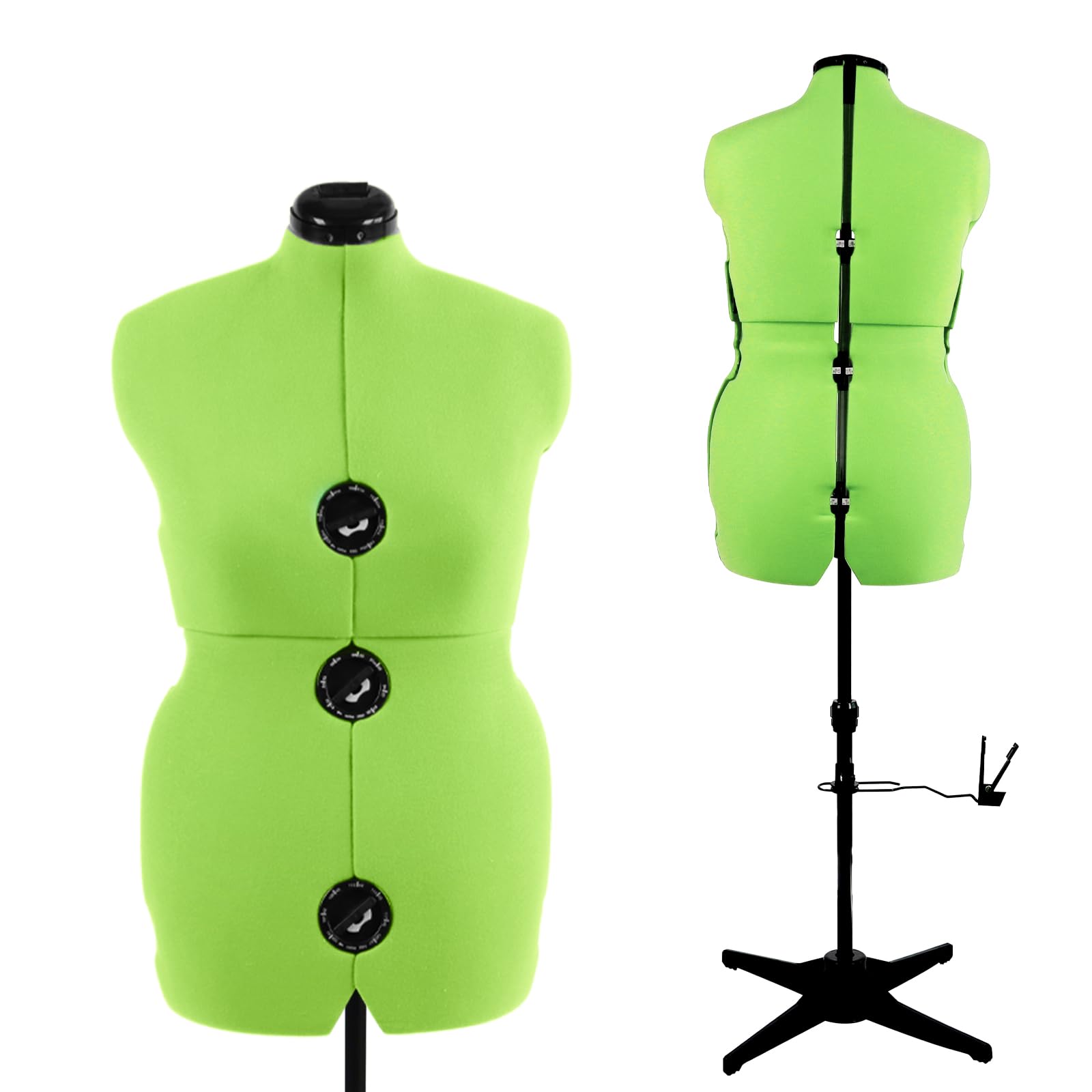 Adjustable Dress Form for Sewing - Neon Green Female Mannequin Size 12-18, Pin-able Body with 13 Dials & 360° Hem Guide, Height Adjustable up to 75