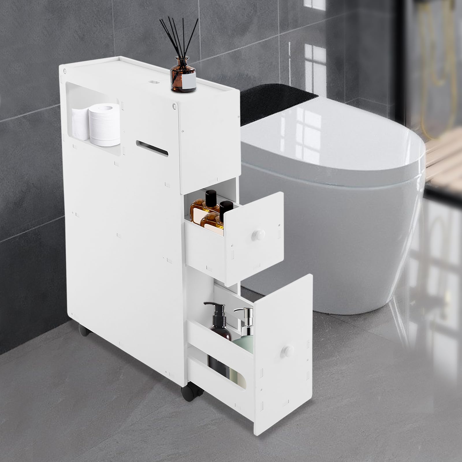 White Slim Rolling Bathroom Storage Cabinet - Space Saving for Small Bathrooms