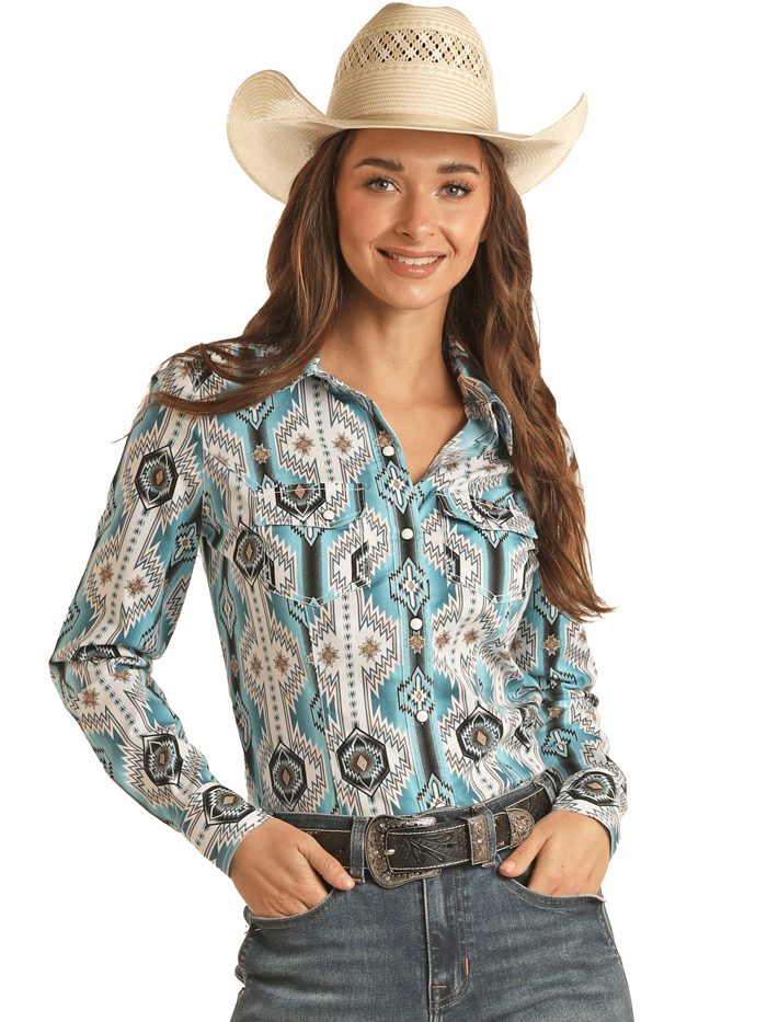 Rock & Roll Denim Womens Aztec Print Long Sleeve Shirt - Turquoise Bohemian Style Top for Casual Wear, Music Festivals & Everyday Fashion