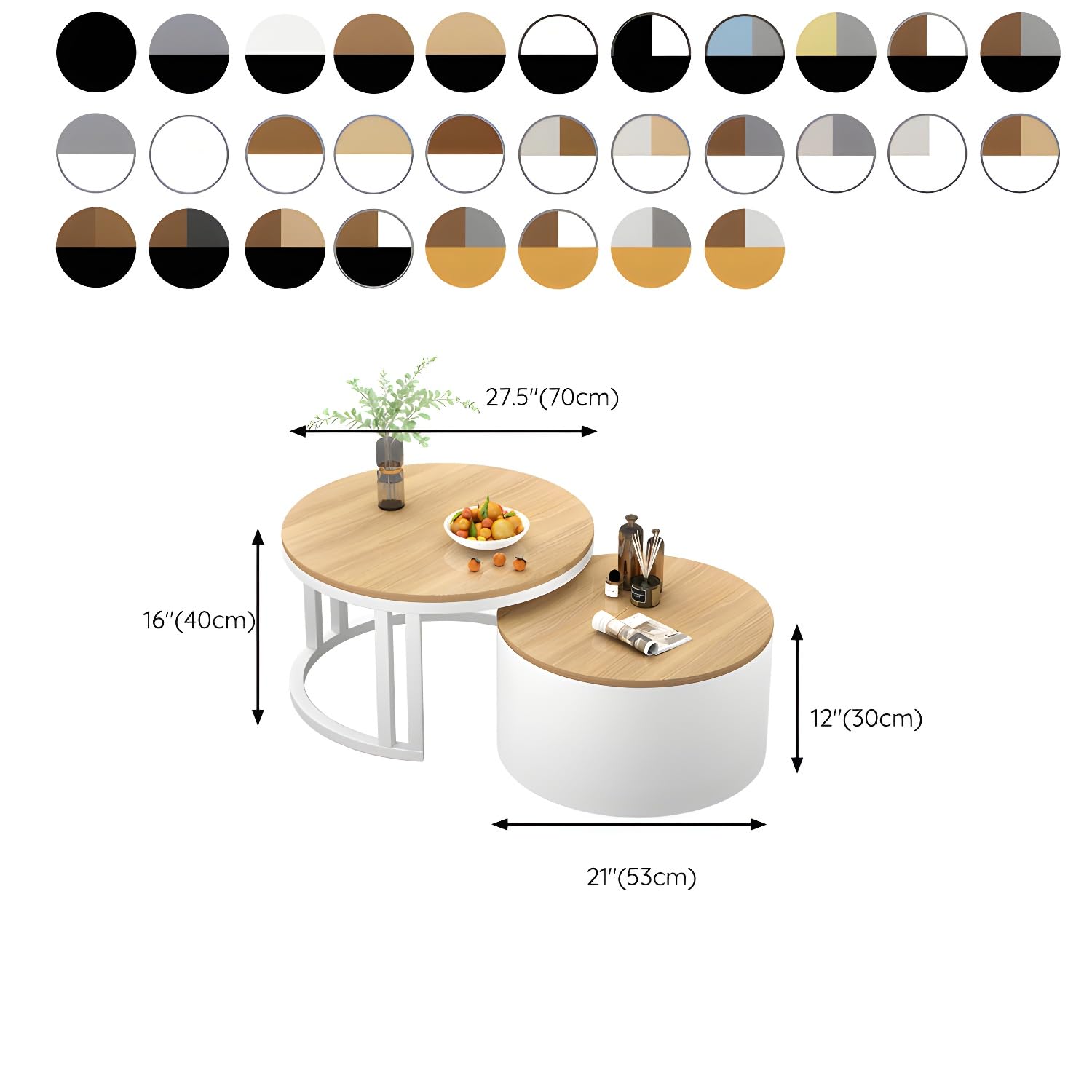 Modern Round Nesting Coffee Table with Steel Base & Storage - Black & Natural Finish for Living Room, Home Office | Space-Saving Center Table for Small Spaces & Stylish Home Decor