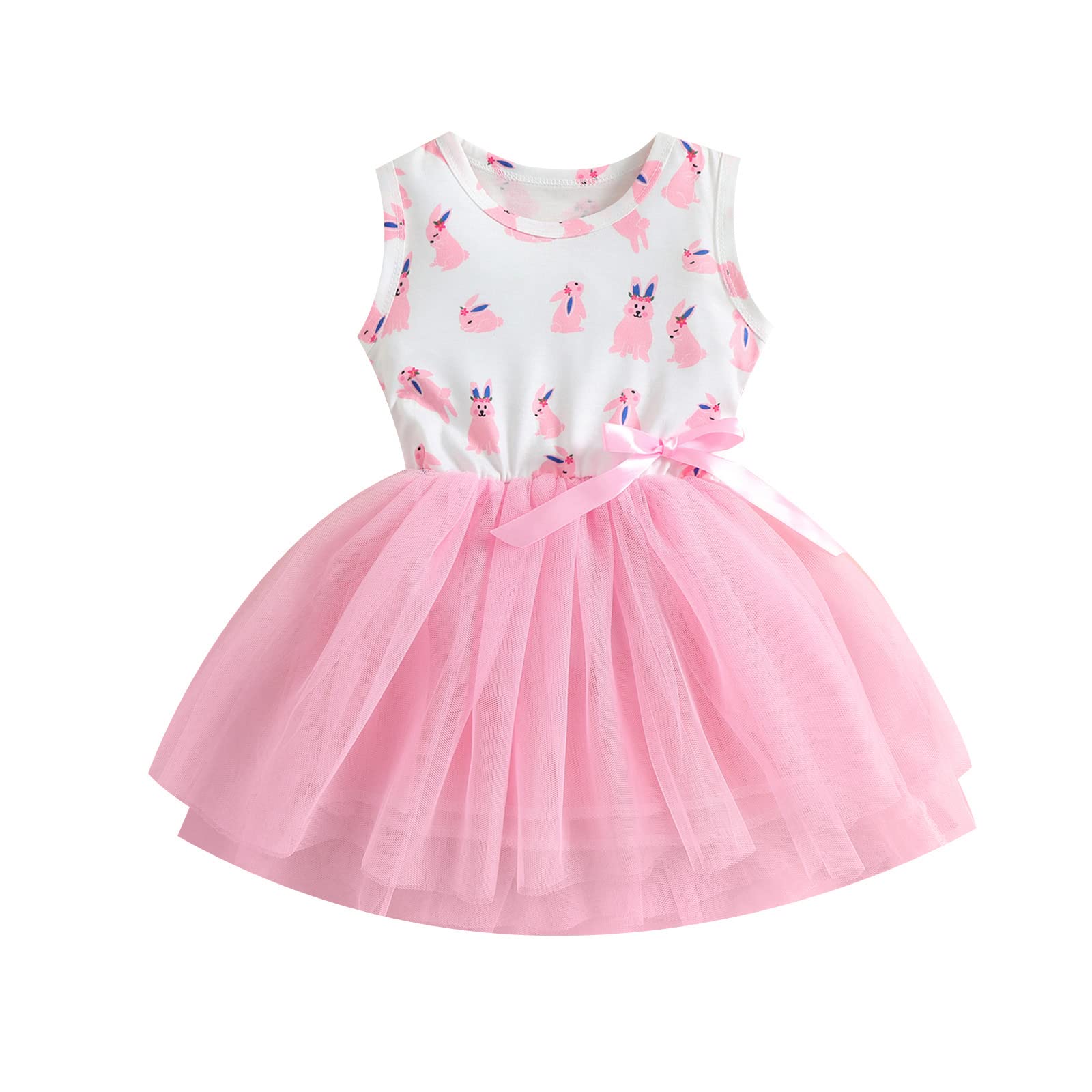 Easter Girls' Pink Rabbit Print Multi-Layer Yarn Dress - Sleeveless Princess Skirt for Toddlers 1-6 Years | Perfect for Easter Celebrations, Spring Photoshoots & Special Occasions