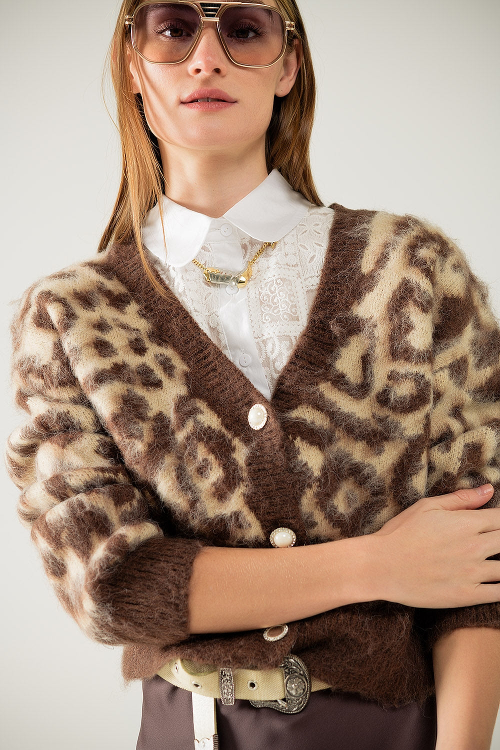 Leopard Print Beige Wool Cardigan for Women - Cozy Winter Sweater for Casual Outfits & Office Wear