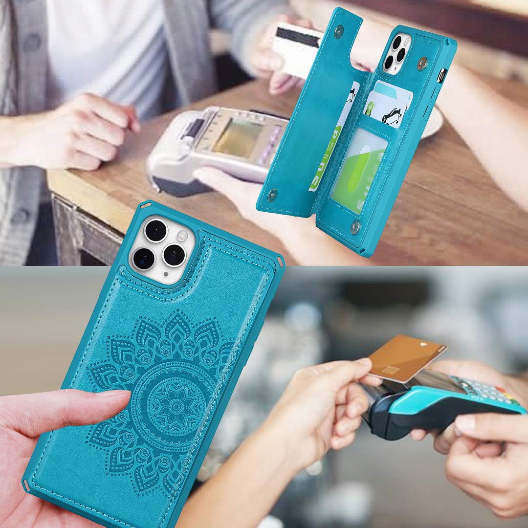 Premium PU Leather Mandala Flower Embossed iPhone 11 Pro Max Wallet Case with Card Holder - Shockproof Protective Phone Cover for Women & Men (Blue) - Perfect for Daily Use, Travel, and Business Meetings