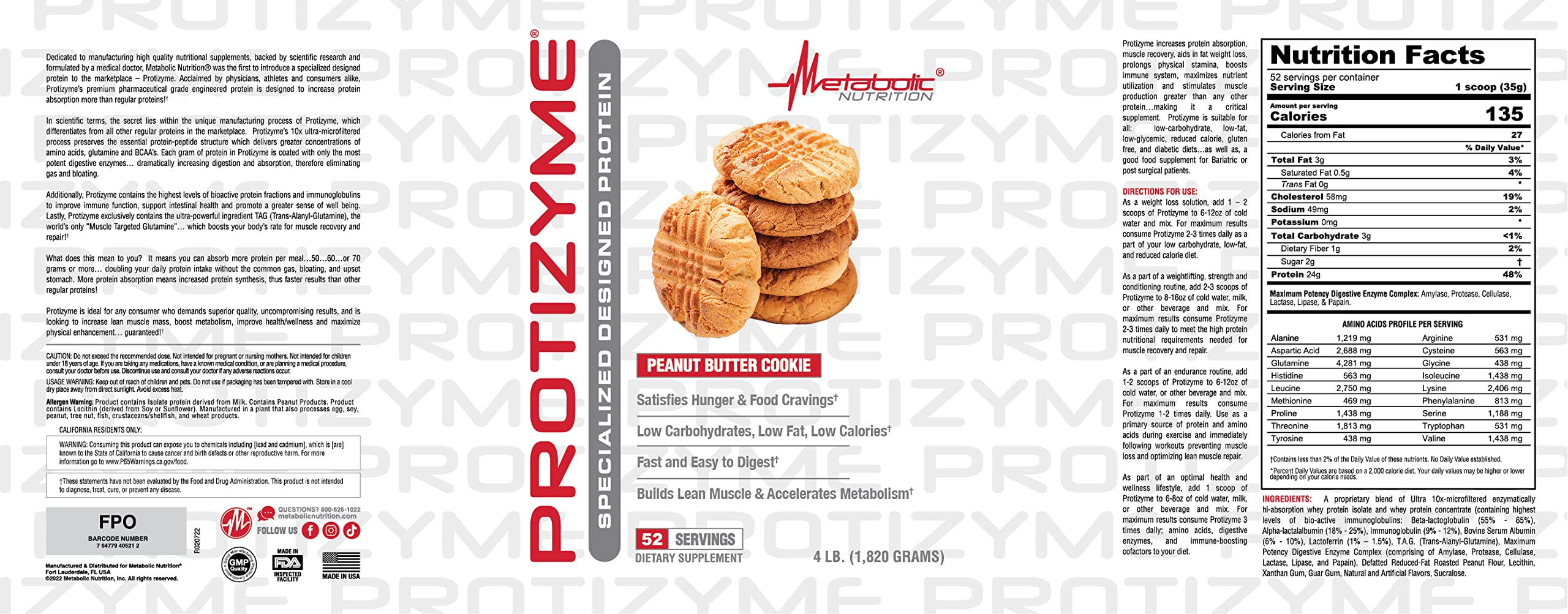 Metabolic Nutrition Protizyme 100% Whey Protein Powder - High Protein, Low Carb, Low Fat with Digestive Enzymes & 24 Vitamins - 4lb (52 Servings) for Muscle Recovery & Post-Workout Nutrition