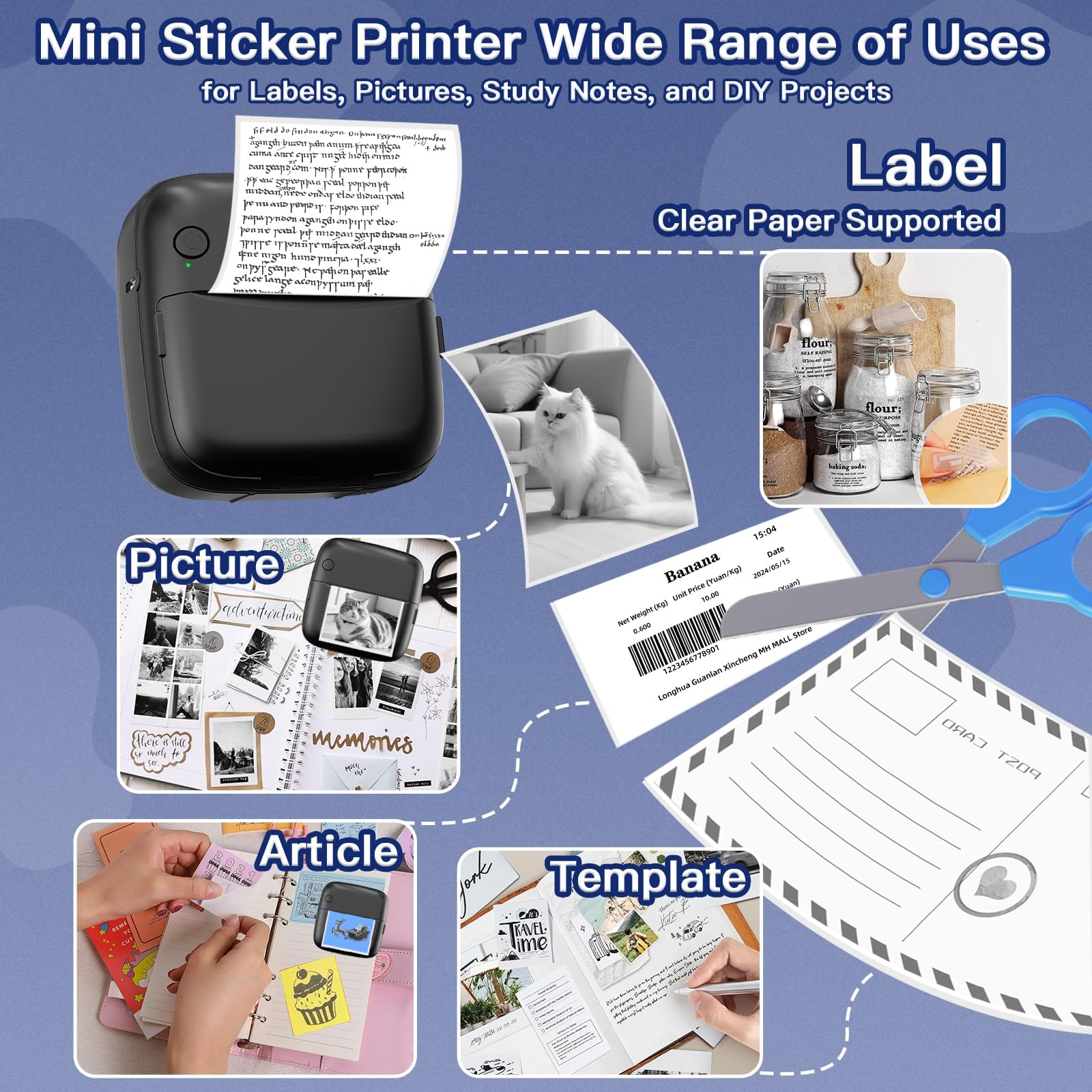 Portable Mini Sticker Printer with 6 Rolls Sticker Paper - 7 Color LED Light Modes for DIY Scrapbooking, Travel Journaling, Note Taking & Labeling | Wireless Bluetooth Compatible with iPhone & Android Phones | Perfect for School, Office & Home Organization