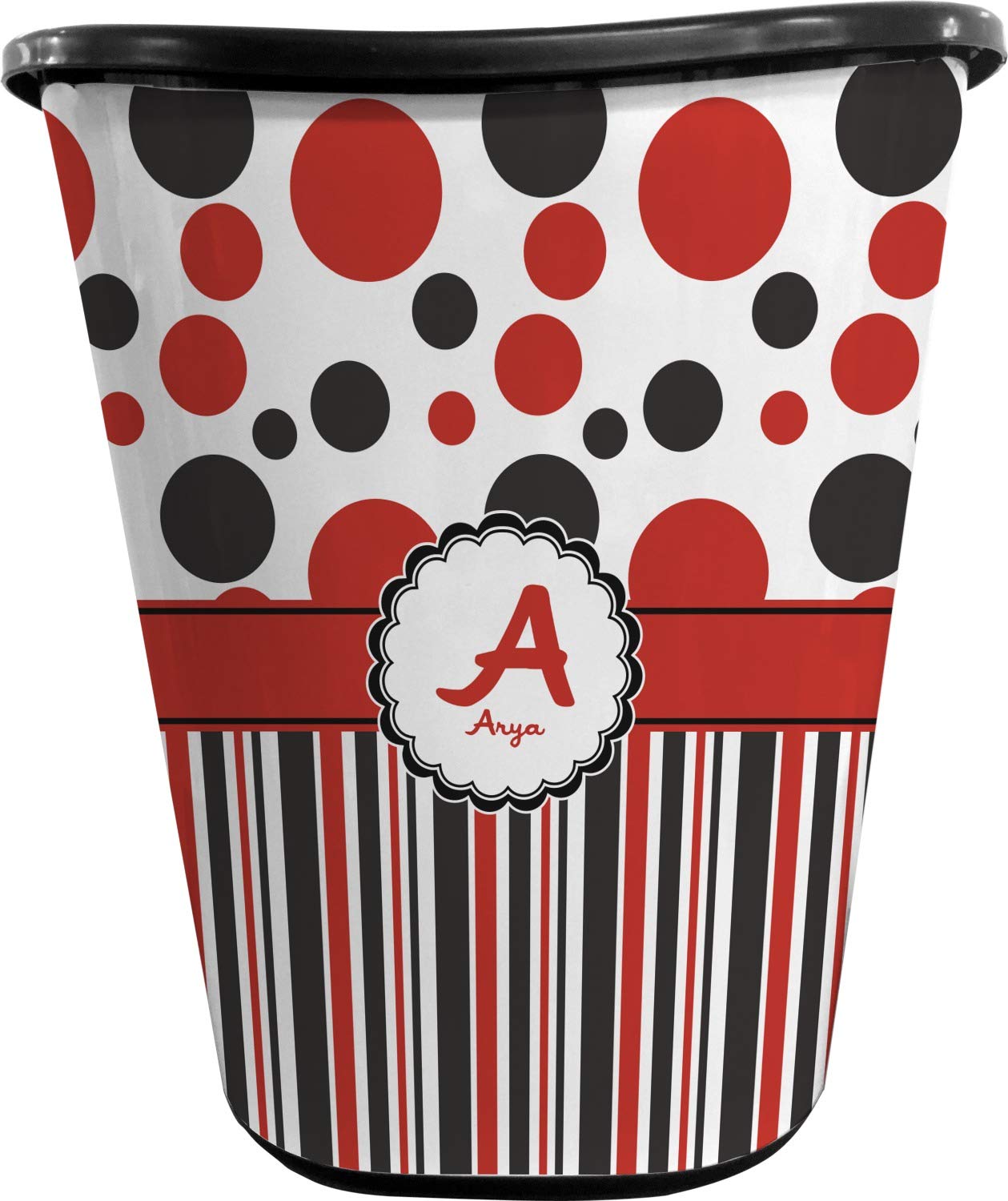 Personalized Red & Black Dots & Stripes Waste Basket - Double Sided Trash Can for Office, Home, Kitchen & Bathroom - Stylish & Durable Small Garbage Bin (Black)