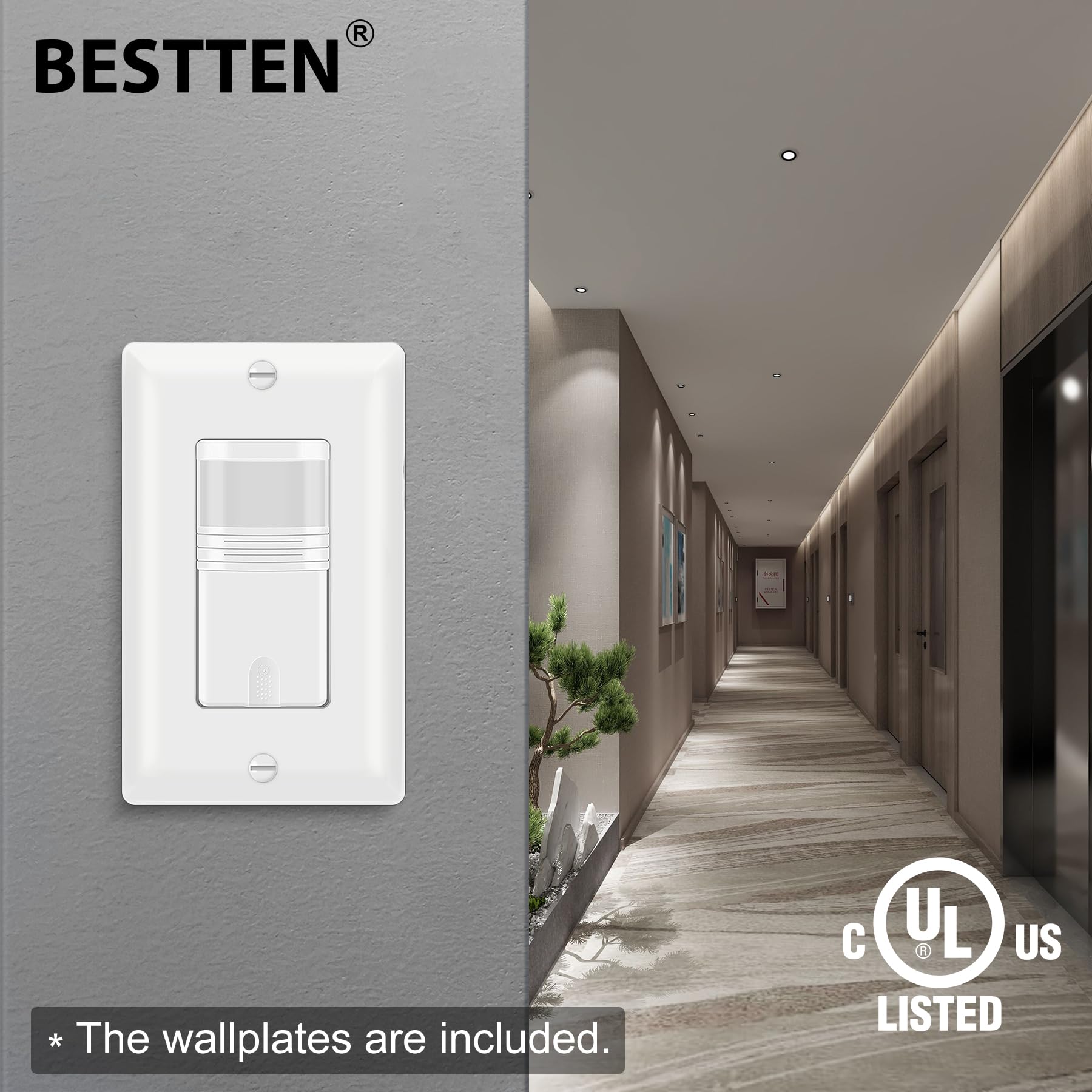 10 Pack BESTTEN Motion Sensor Light Switch - Single Pole PIR Wall Switch with Occupancy/Vacancy Modes, 120V/277VAC, 60Hz, 1/6HP (Neutral Wire Required, Wallplates Included) - cUL Listed White - Perfect for Home, Office, Garage & Bathroom Lighting Automation