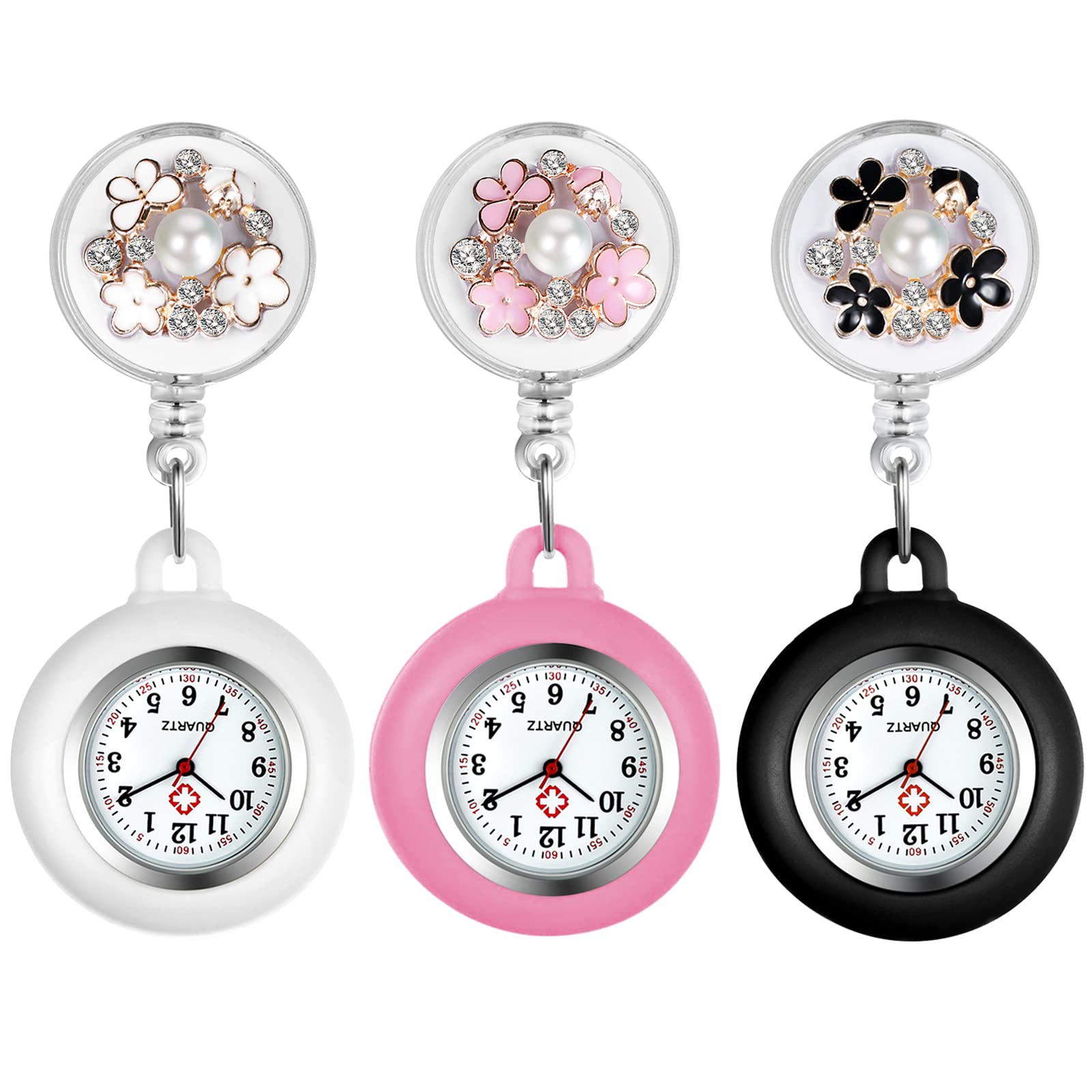 Lancardo Retractable Nurse Watch Clip - Pearl Flower Badge with Second Hand & Stethoscope Lapel Fob - Waterproof Pocket Watch for Doctors & Nurses (Men & Women) - Perfect for Medical Shifts, Clinical Work & Healthcare Professionals