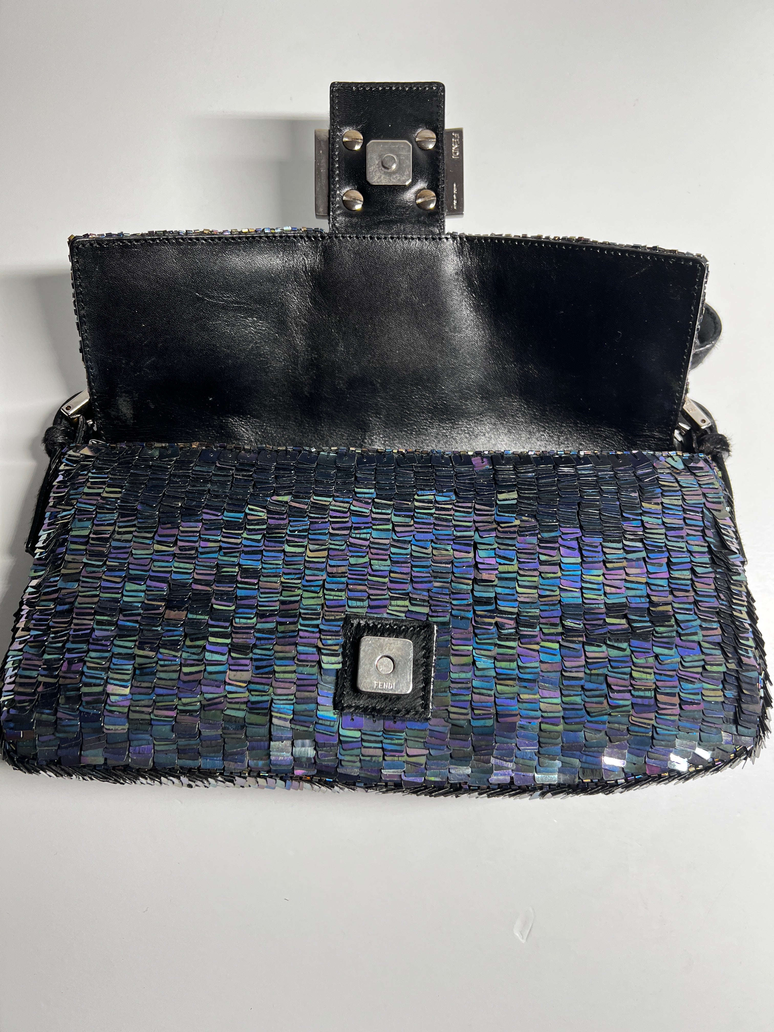 Vintage Fendi Black Iridescent Sequin Baguette Bag - Luxury Evening Clutch for Parties, Weddings & Special Occasions
