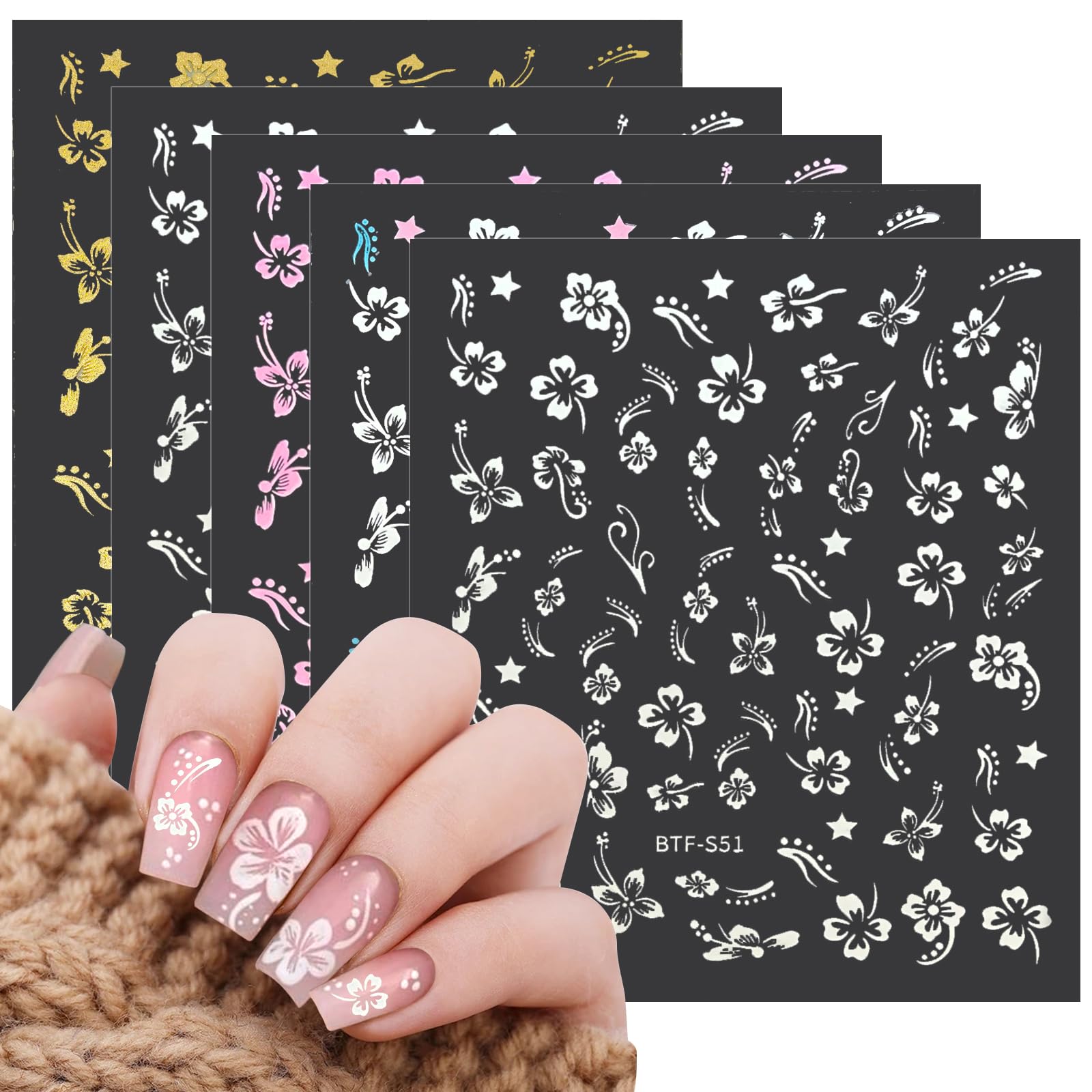 White Pink Golden Clear Silver Flower Nail Sticker Decals - 10 Sheets Nail Art Decorations for Women | DIY Manicure Designs & Nail Art Supplies | Perfect for Parties, Weddings, and Salon Use