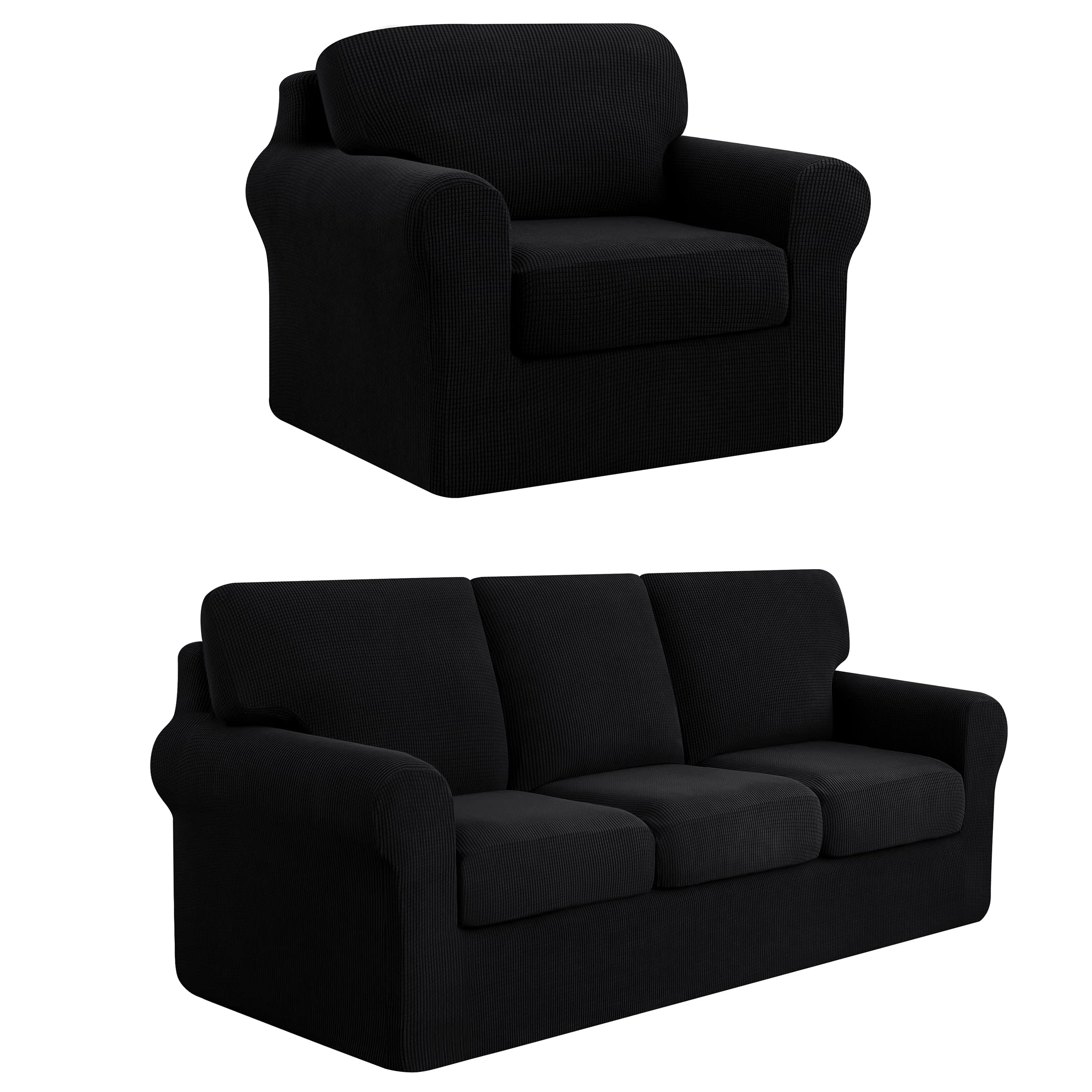 SUBRTEX 3-Piece Armchair Cover & 7-Piece Sofa Slipcover Set - Stretchable Couch Cover with Separate Backrest & Cushion Covers - Living Room Furniture Protector (Small/Large, Black) | Perfect for Home Decor, Pet Protection & Furniture Renewal