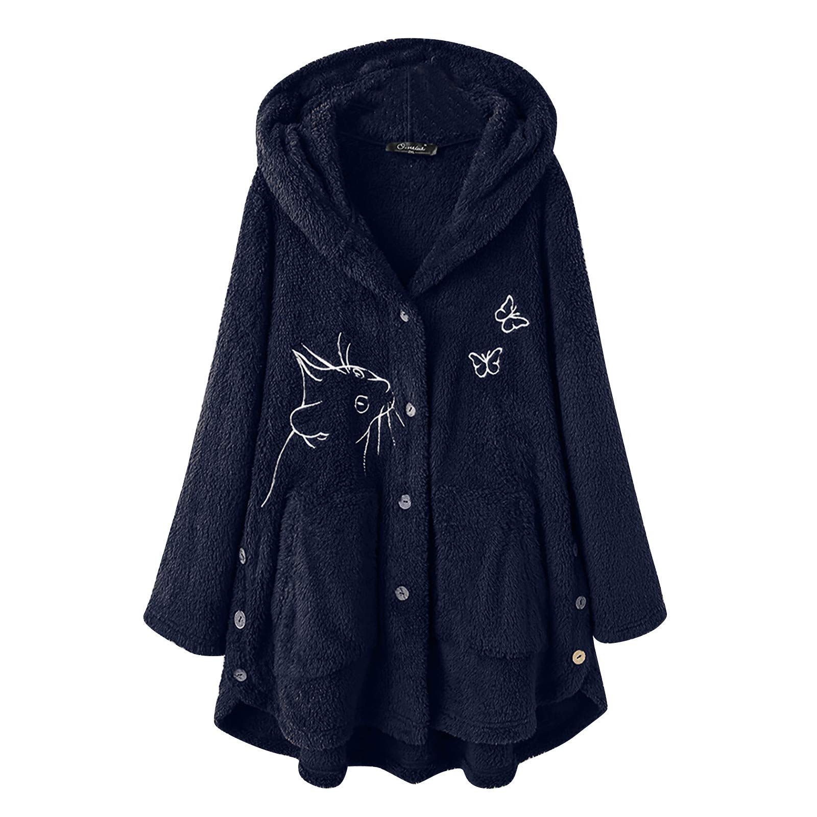 Women's Plush Winter Coat - Soft Wool Hooded Cardigan with Printed Loose Button Design | Warm Fall & Winter Jacket for Casual Outfits, Office Wear, and Outdoor Activities