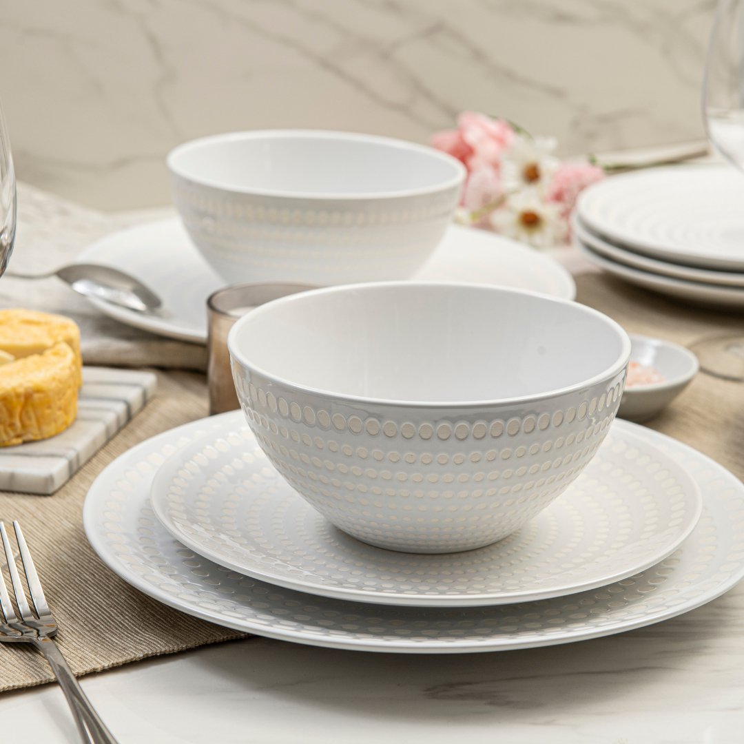 12-Piece Bijou Ceramic Dinnerware Set - Elegant Pearl White Plates & Bowls for Everyday Dining, Entertaining, and Special Occasions