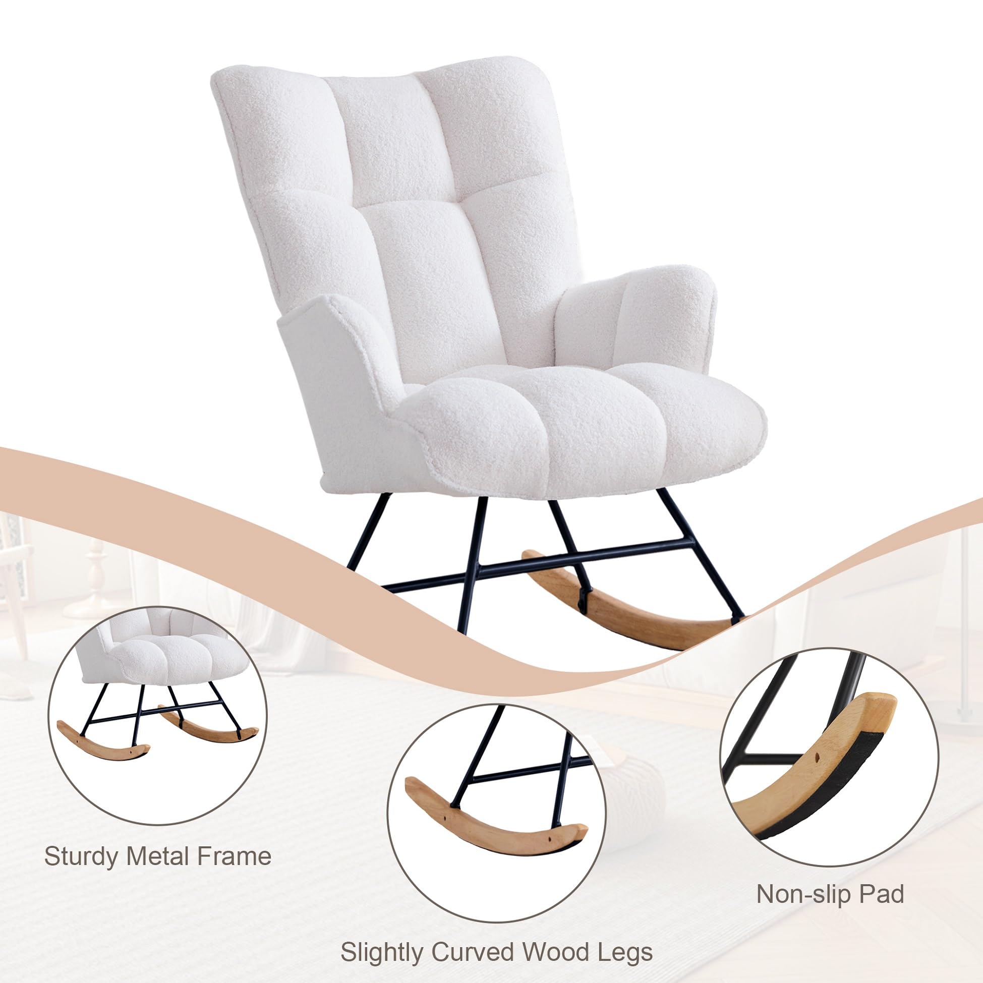 Comfy Teddy Upholstered Glider Rocker Chair with Padded Seat & High Backrest - Nursery Rocking Chair, Accent Armchair for Living Room, Bedroom & Office (White) - Perfect for Nursing, Reading & Relaxing