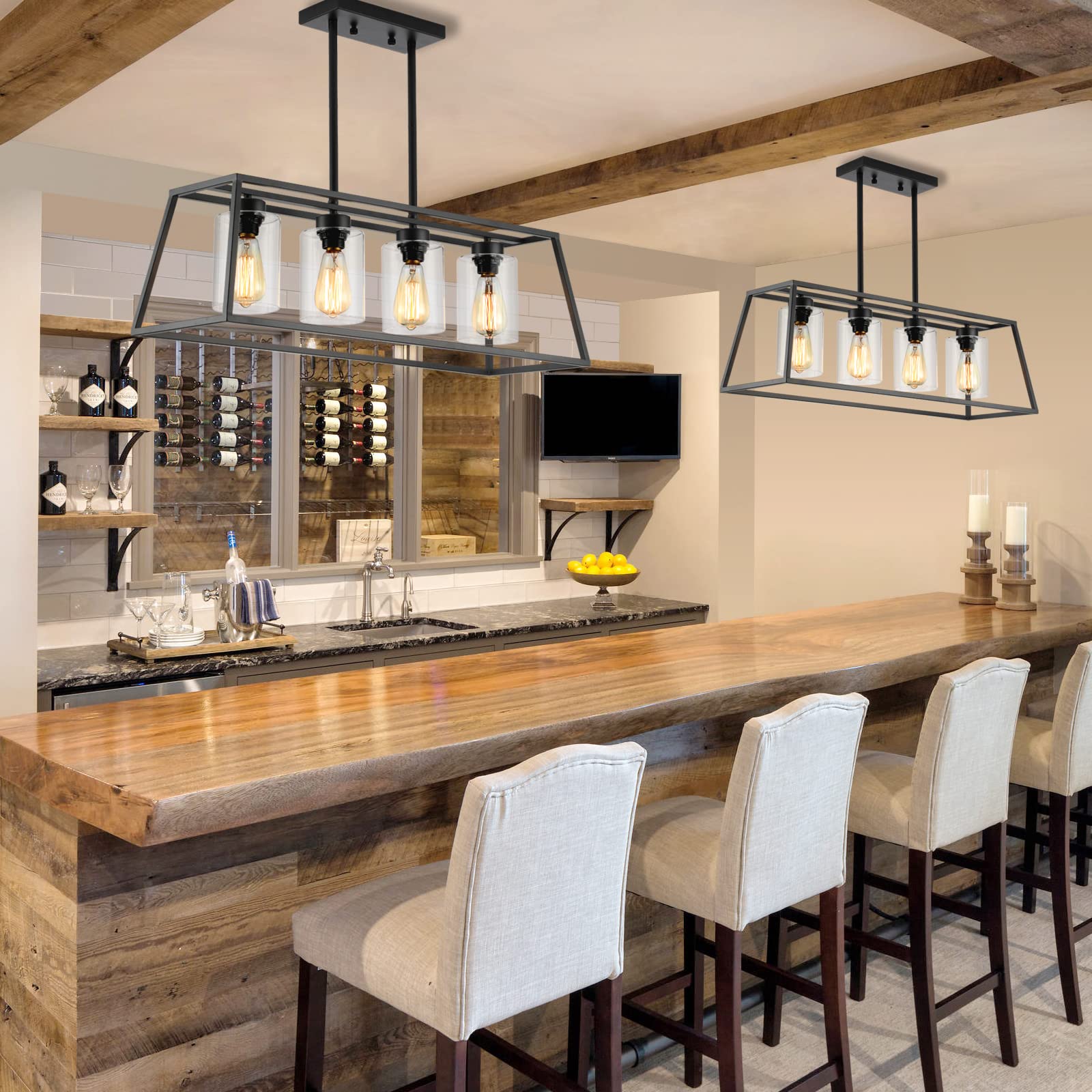 Black Farmhouse Chandeliers for Dining Room, Rustic Kitchen Island Pendant Light, 4-Light Linear Pendant Lamp with Glass Shade, Perfect for Dining Room Lighting Over Table and Kitchen Island