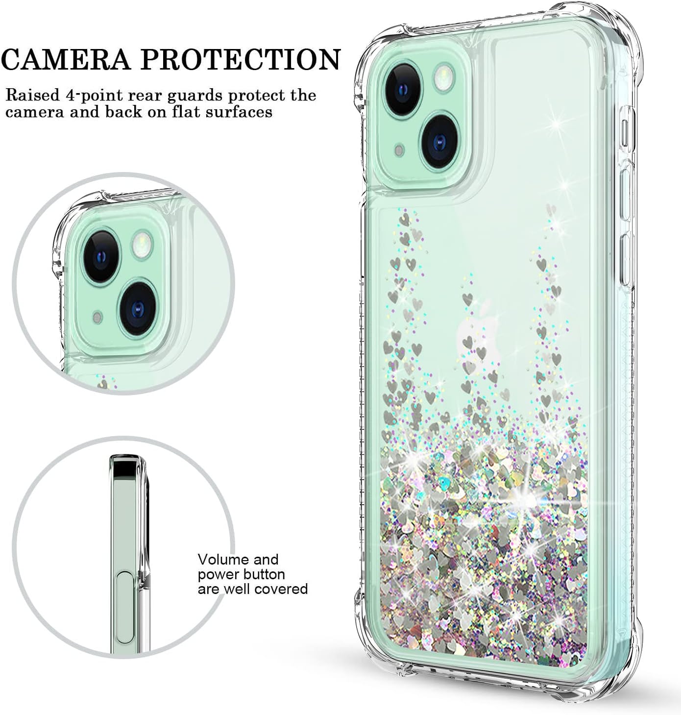 iPhone 14 Case with Tempered Glass Screen Protector - Clear Glitter Bumper Cover in Silver | Shockproof Protection for Everyday Use & Travel