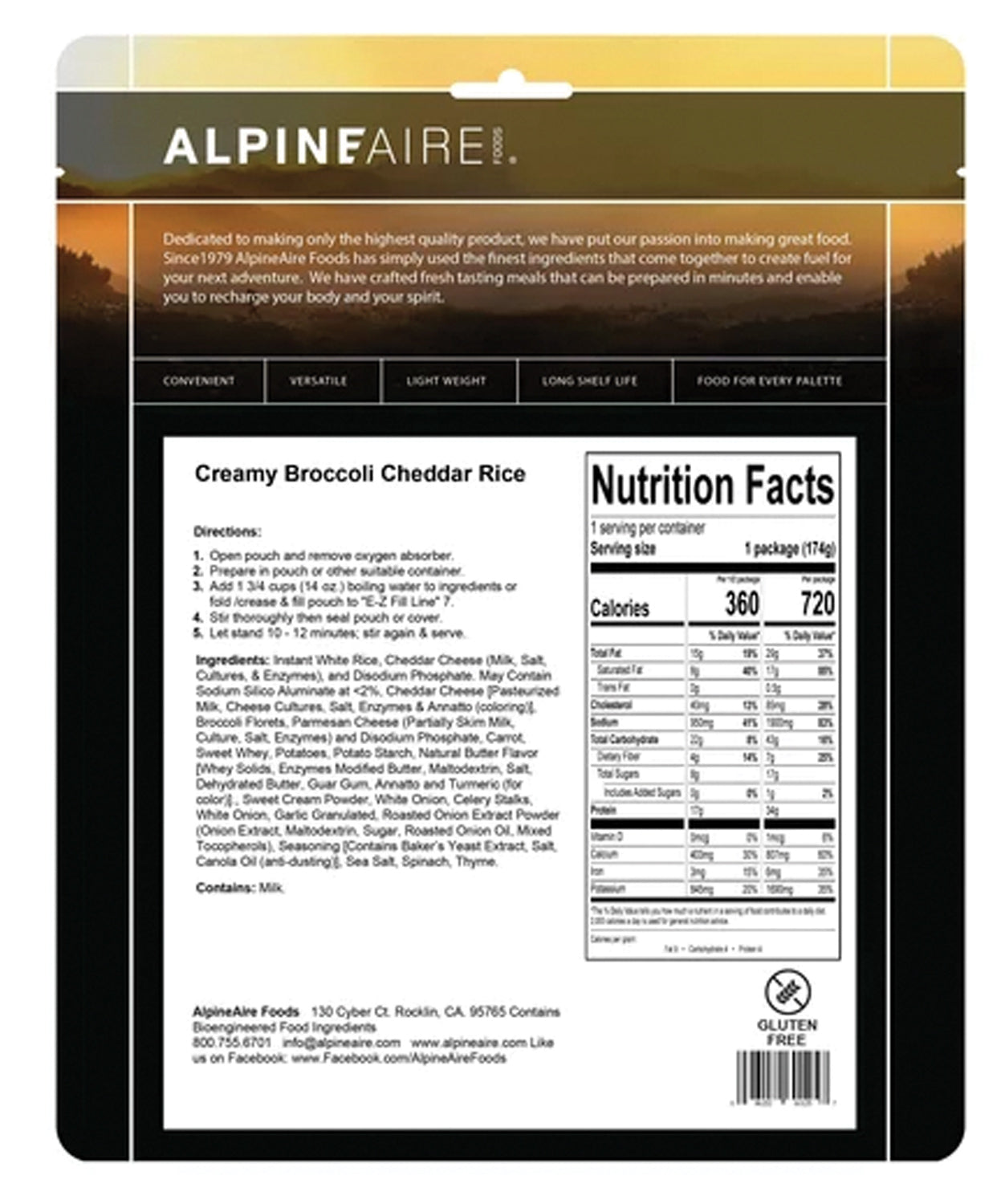 Alpine Aire Creamy Broccoli Cheddar Rice - Lightweight Freeze-Dried Backpacking Meal for Hiking & Camping | High-Protein, Easy Prep Outdoor Food