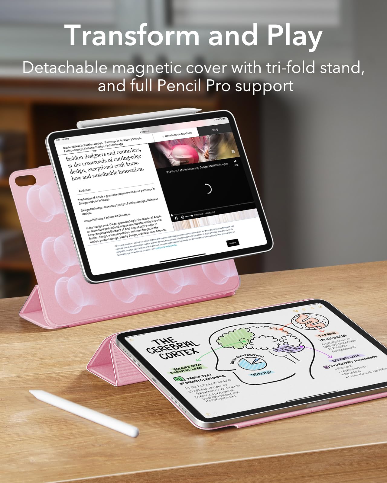ESR Magnetic Case for iPad Air 11 Inch (M3/M2) - Compatible with iPad Air 7th/6th/5th/4th Gen (2025/2024/2022/2020) - Slim Trifold Stand with Pencil Pro & USB-C Pencil Support - Durable Protective Cover in Pink - Perfect for Work, Study & Travel