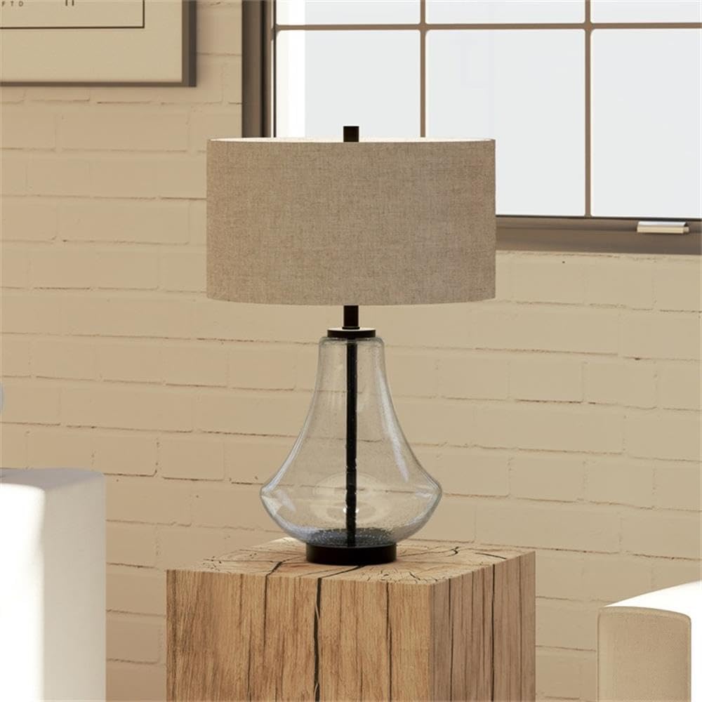 Pemberly Row Modern Farmhouse Brushed Brass Table Lamp with Seeded Glass Shade - Elegant Lighting for Living Room, Bedroom & Office Decor