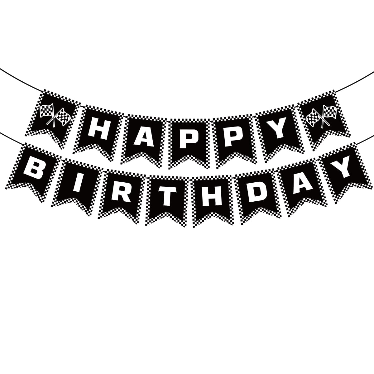 MEETINGU Race Car Happy Birthday Banner - Black and White Checkered Flag Racing Party Decorations for Boys, Kids Birthday Party Supplies - Perfect for Race Car Themed Birthday Decor, Cake Table Backdrop & Party Room Decorations