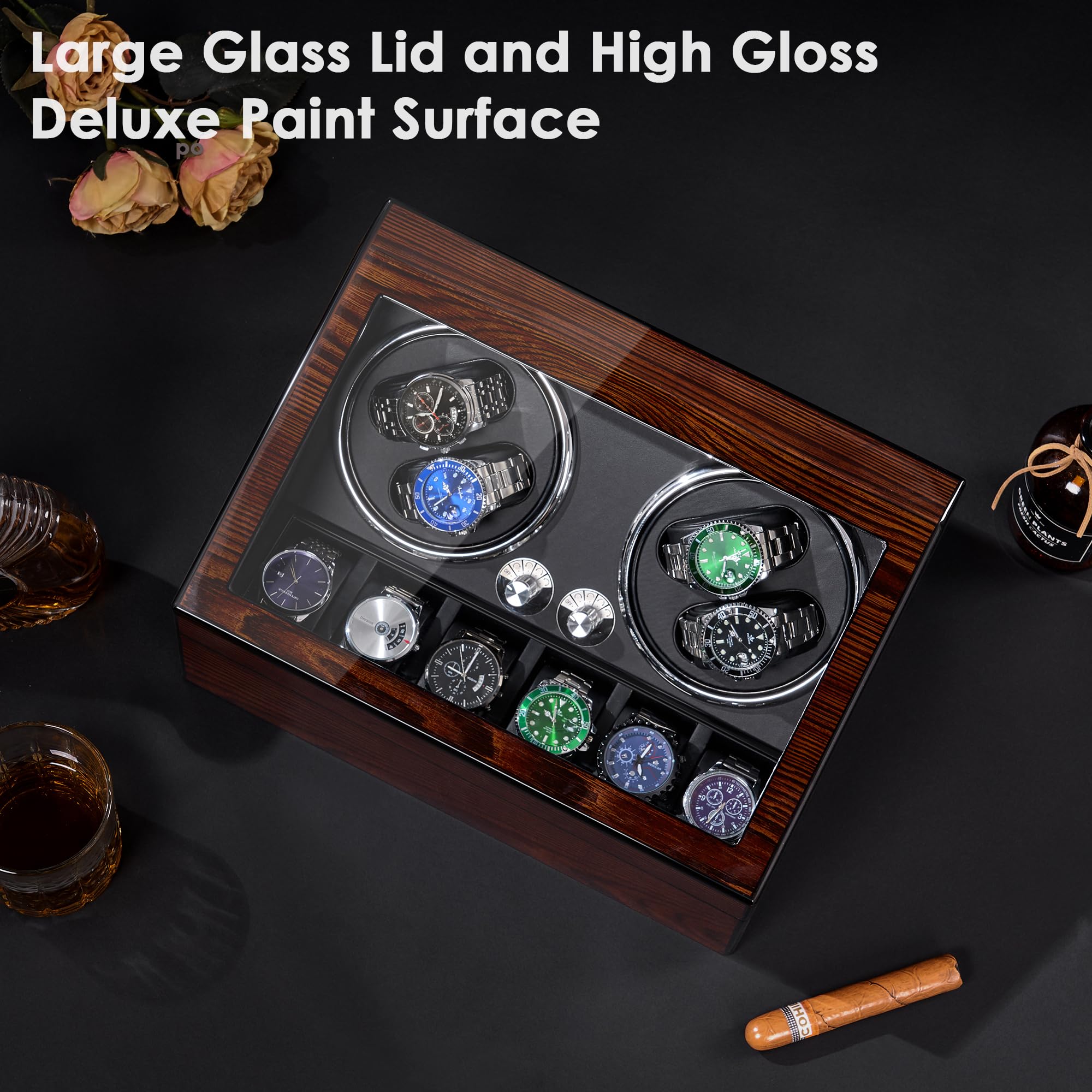 BEWISHOME Automatic Watch Winder Box with LED Light - Quiet Motor 4 Watch Winder & 6 Storage Case for Men/Women - Perfect for Watch Collections, Travel & Nightstand Display (Brown SYQ01Y)
