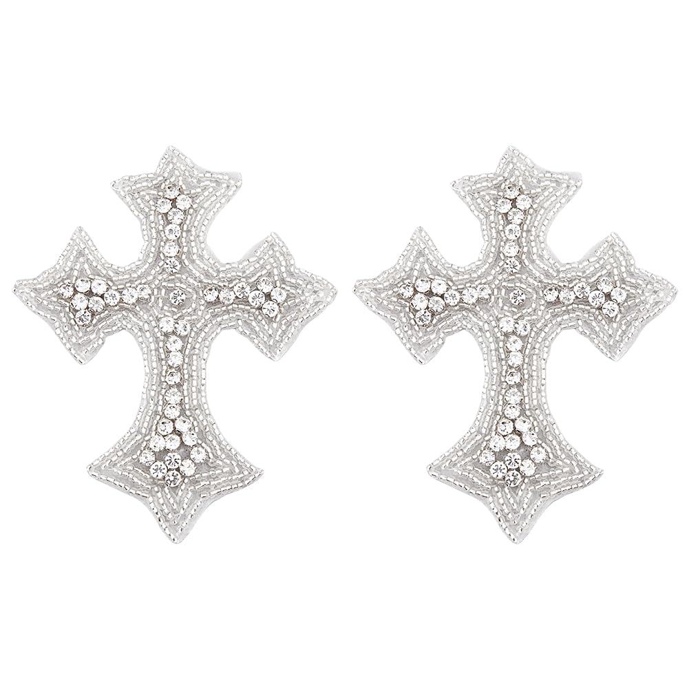 Vintage Rhinestone Cross Applique Patches 2Pcs - Beige Embroidery Iron On & Sew On Clothing Patches 4.13x3.34x0.17 Inch for DIY Dress, Jacket, Bag Repair - Perfect for Gothic Fashion, Church Events & Costume Design
