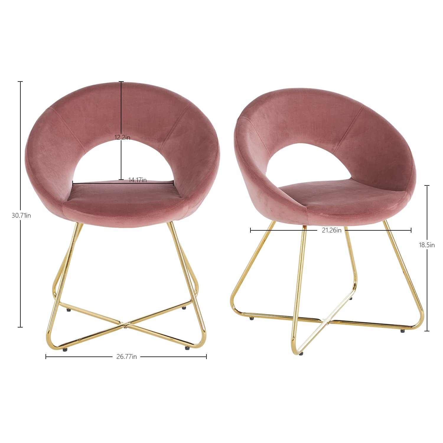 Modern Velvet Accent Chairs Set of 2 - Mid Century Upholstered Armchairs with Golden Legs for Living Room, Dining Room & Lounge (Pink) | Comfortable Leisure Seating for Home Decor & Entertaining