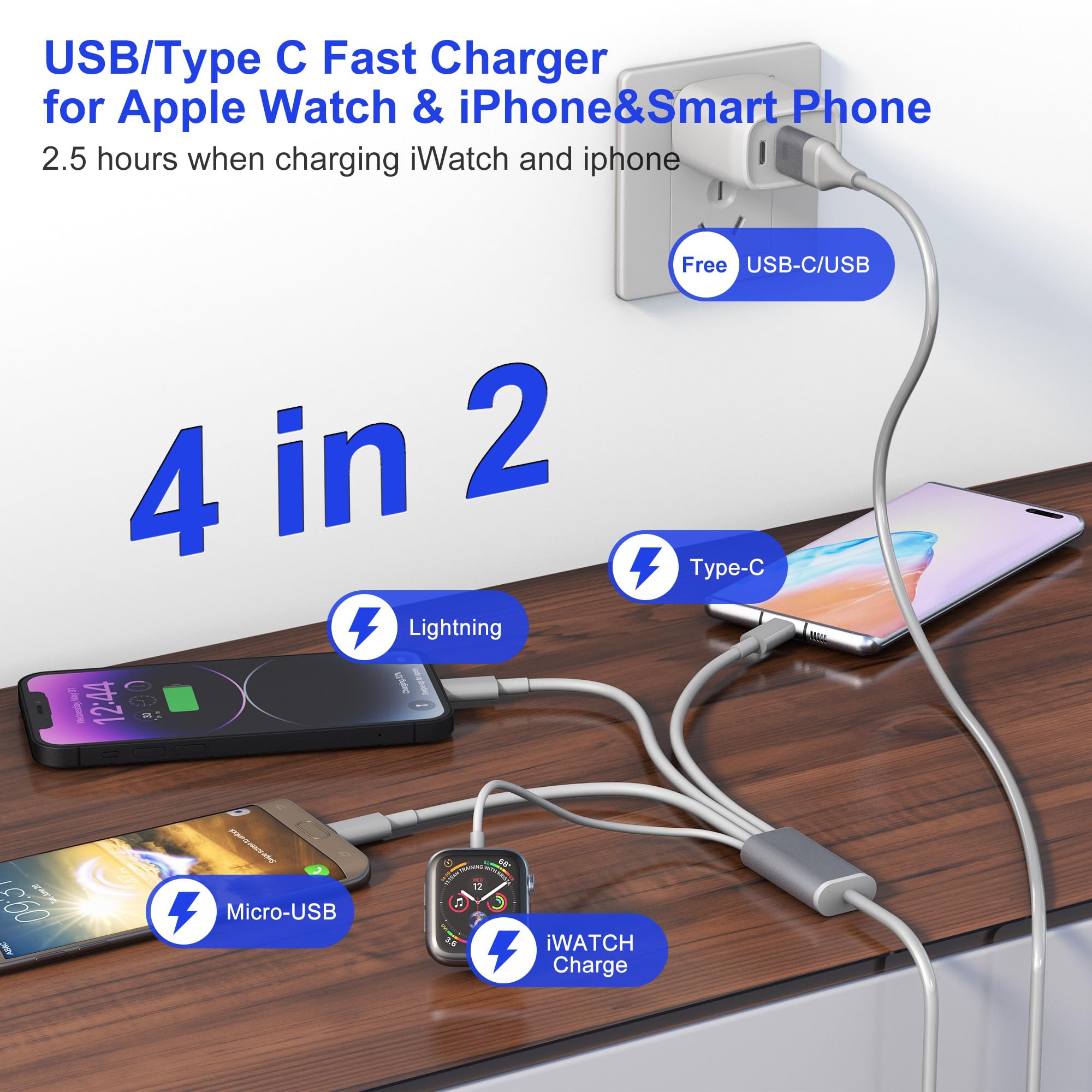 4-in-1 Travel Watch & Phone Charger - Fast Charging Cable Compatible with Apple Watch, iPhone, Galaxy, Pixel, Android, Smartwatch & AirPods | 6ft Multi-Device Charger for Home, Office & Travel Accessories