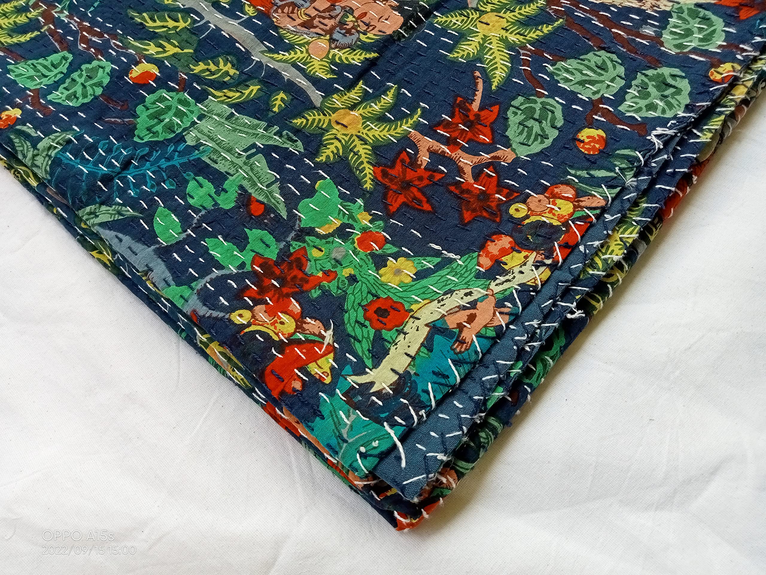 Handmade Indian Kantha Quilt - Traditional Handblock Print Cotton Bedspread, Lightweight Throw Blanket & Decorative Bed Cover for Boho Home Decor, Guest Room & Cozy Living Spaces
