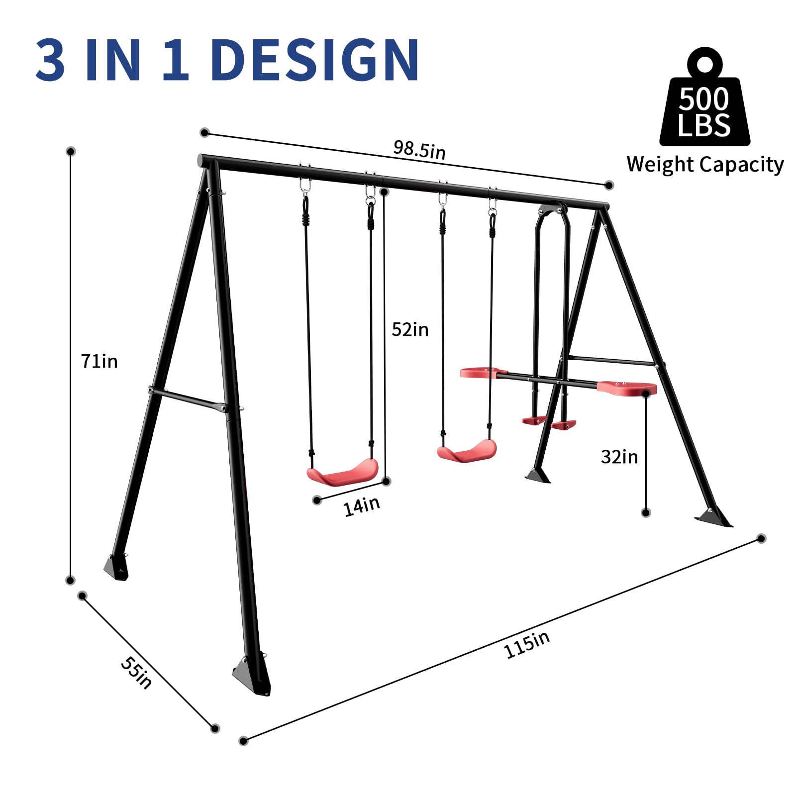 Heavy Duty Outdoor Swing Set for Kids - 500lbs Capacity A-Frame Metal Stand with 2 Seats & Glider | Backyard Playground Equipment for Outdoor Fun & Family Bonding