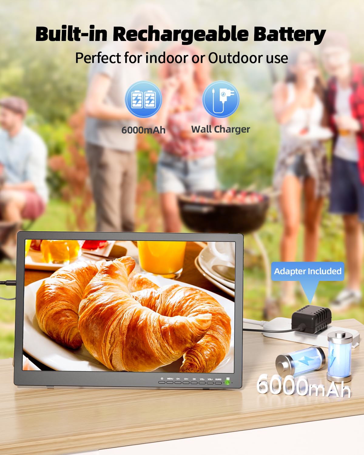 17 Inch Portable TV with Antenna - ATSC Digital Tuner, Rechargeable Battery Powered LCD Monitor with Built-in Stand | HDMI, AV, USB Inputs | Perfect for Kitchen, Bedroom, Camping, RV & Travel | Ideal for Emergency Weather Updates & Outdoor Entertainment