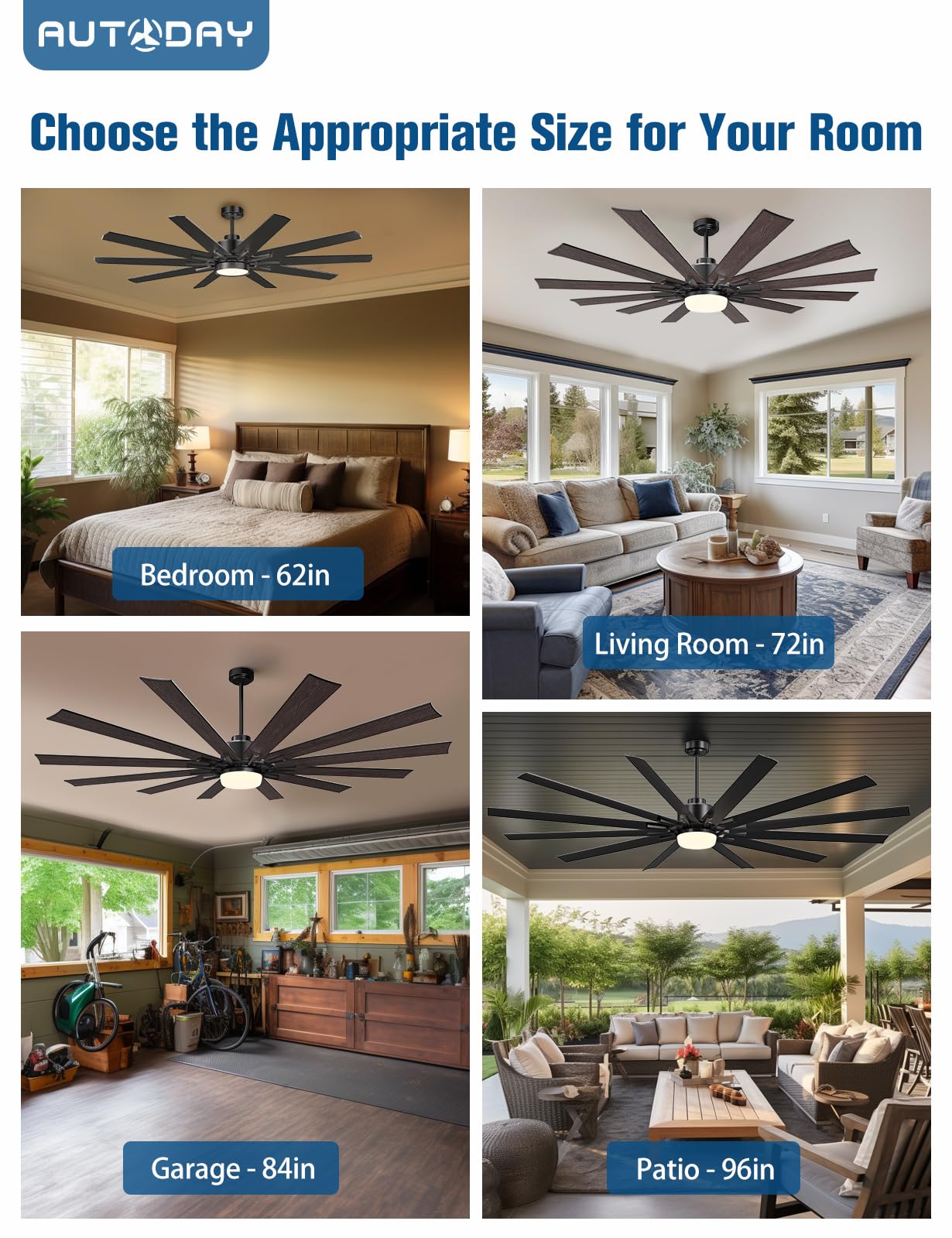 62 Inch Large Ceiling Fan with Light and Remote Control - Indoor/Outdoor 10-Blade Reversible Quiet DC Motor, Dimmable LED Light in Walnut/Black Finish - Perfect for Living Rooms, Bedrooms, Patios, and Outdoor Spaces