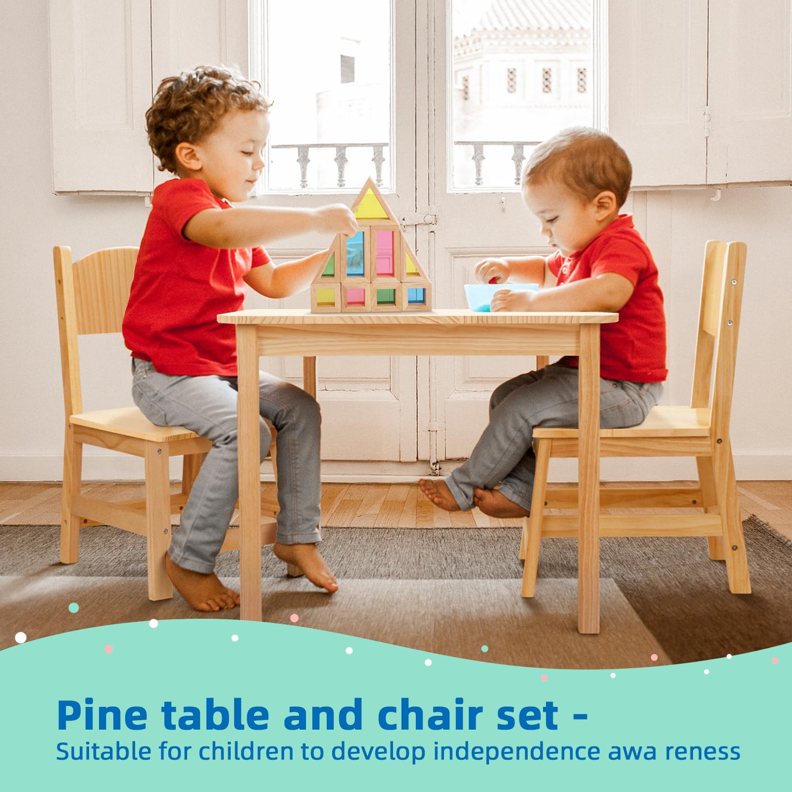 OOOK Solid Wood Kids Table and Chair Set - Sturdy Toddler Table with 2 Chairs for Arts, Crafts, Reading & Learning - Perfect for Preschool, Kindergarten, Playroom & Homeschool Activities