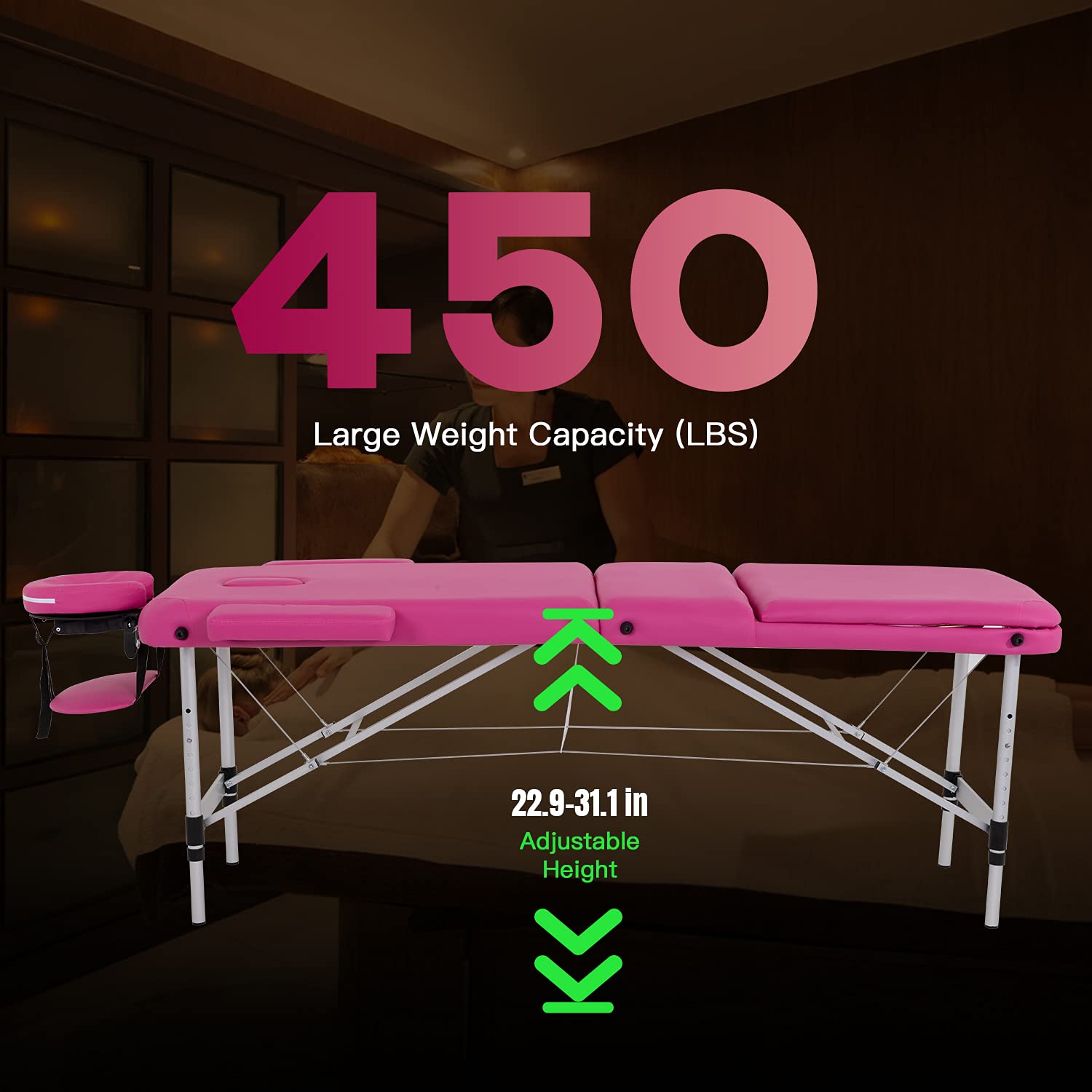 FDW Portable 24 Inch Wide Adjustable Height 3-Folding Aluminum Massage Table with Carry Case & Face Cradle - Perfect for Spa, Salon, Tattoo, and Home Use