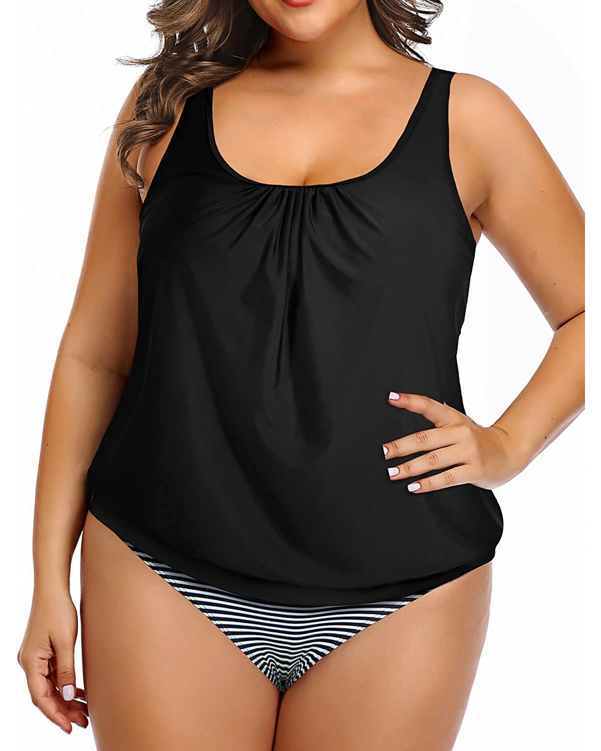 Yonique Plus Size Two Piece Swimsuit for Women - Blouson Tankini with Tummy Control - Flattering Swimwear for Beach & Pool - Perfect for Vacation, Water Aerobics & Summer Activities
