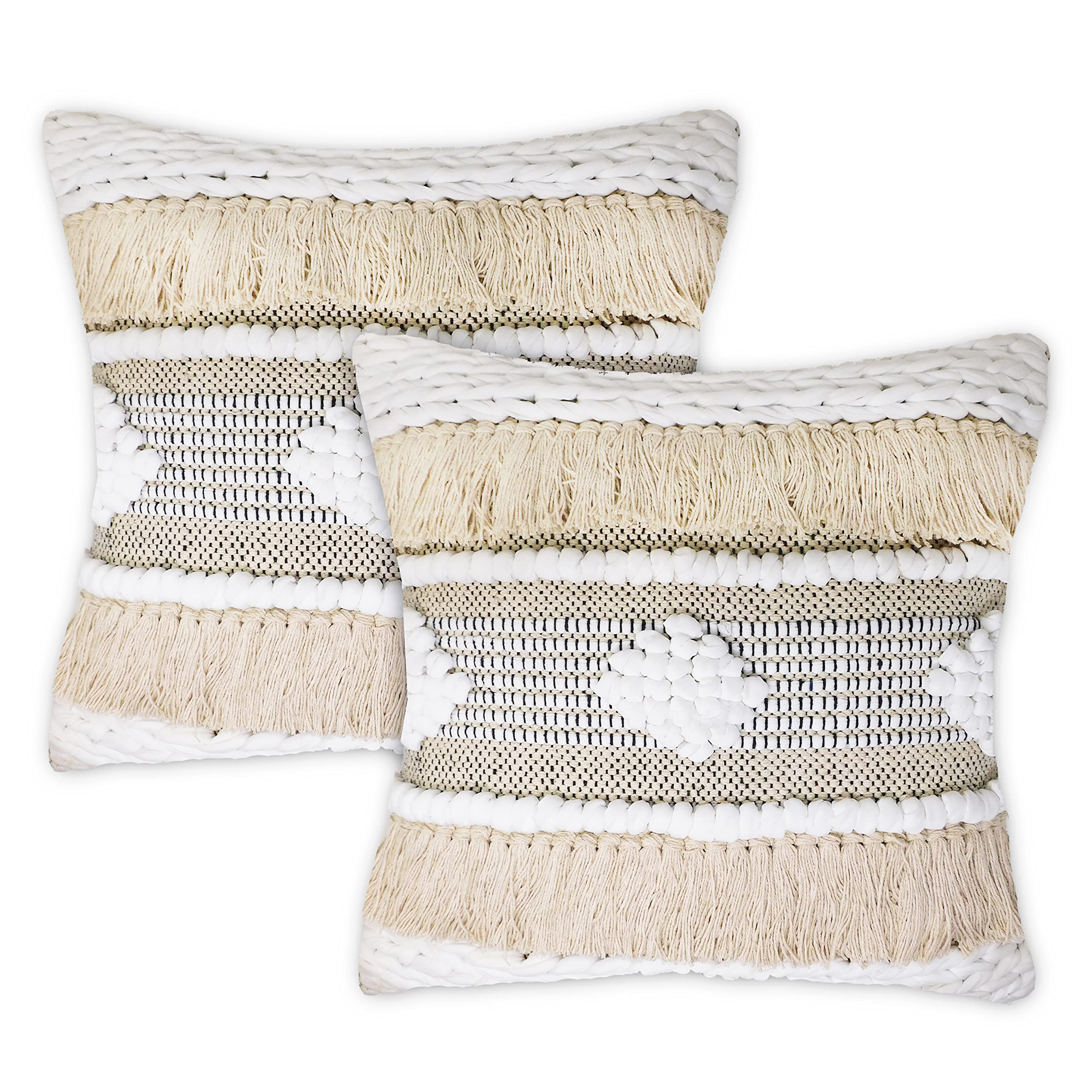 Heavenera 18x18 Bohemian Fringe Cotton Decorative Throw Pillow Covers - Set of 2, Premium Square Pillowcases for Couch, Sofa, Living Room & Bedroom (18