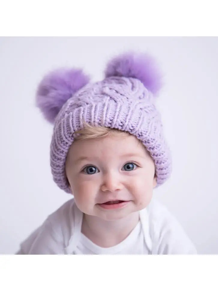 Lilac Fluffy Beanie Hat for Women - Soft Winter Knit Hat with Pom Pom - Cozy & Warm for Outdoor Activities, Skiing, Snowboarding