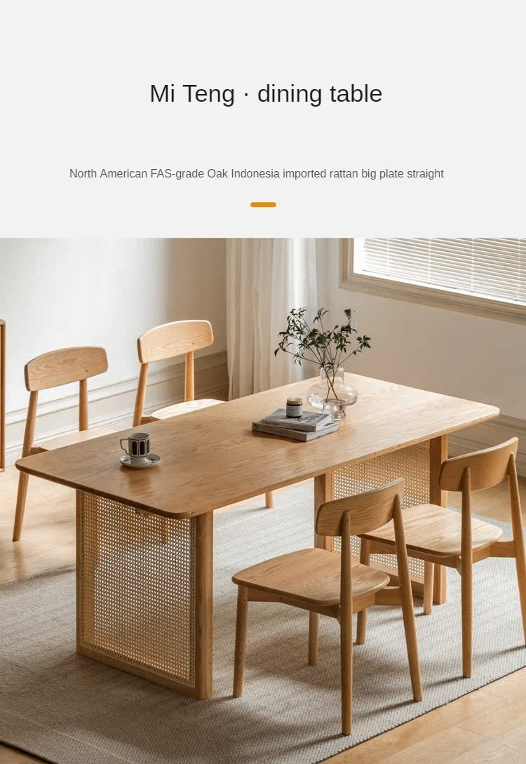 Solid Oak Wood Rattan Dining Table - Rustic Farmhouse Style for Indoor and Outdoor Use