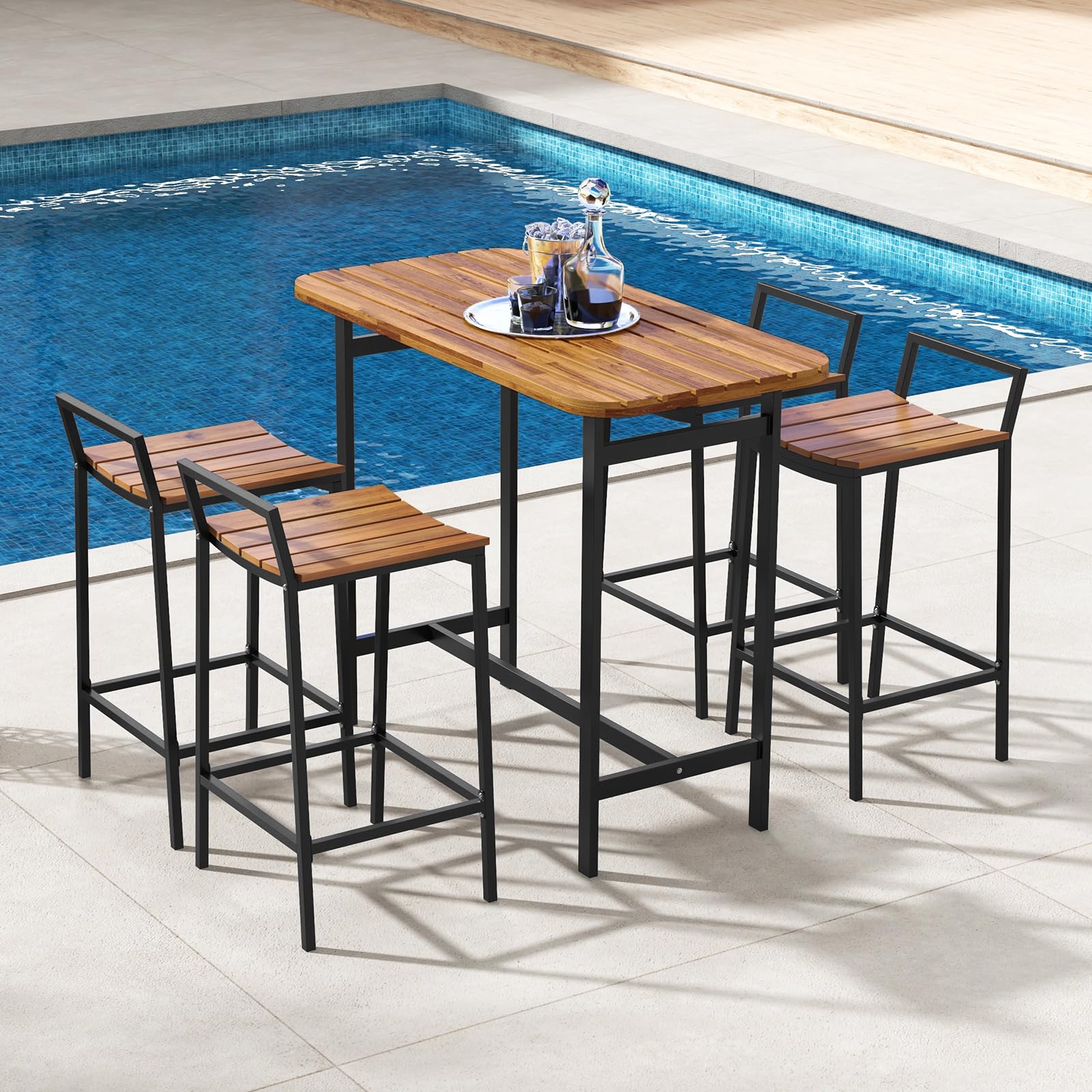 Tangkula 5-Piece Acacia Wood Outdoor Bar Table Set with Metal Frame & Footrest - Patio Bar Height Table & Chairs for 4, Perfect for Deck, Garden, Poolside & Backyard Entertaining