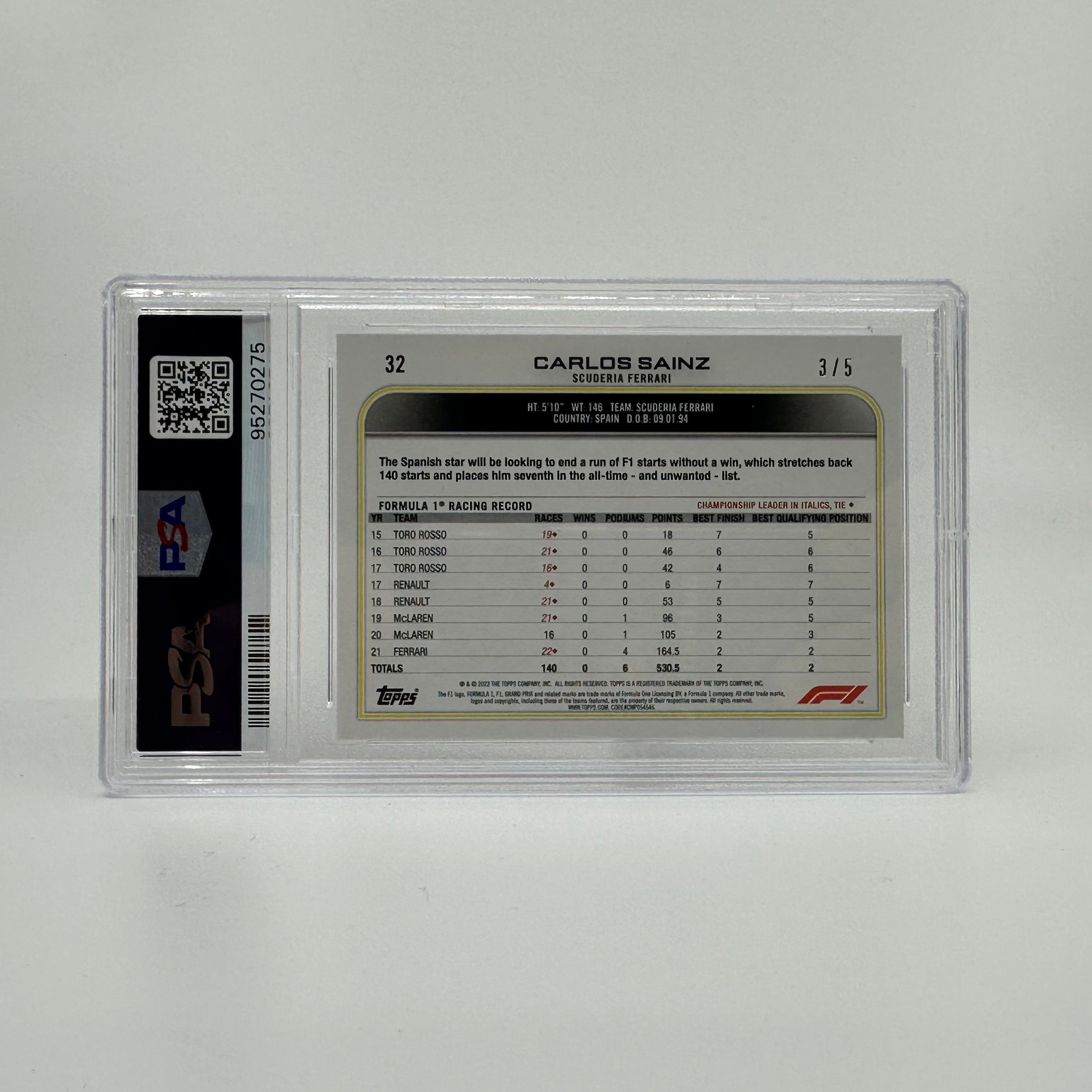 PSA 8 Graded 2022 Topps Formula 1 Carlos Sainz #32 Red Card - Rare Collectible for F1 Fans, Perfect for Display & Trading